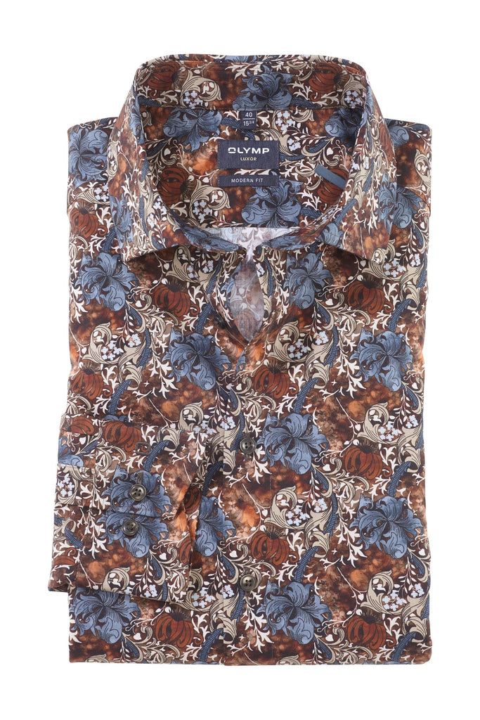 Olymp Luxor Modern Fit Dark Floral Print Shirt - Brown/Blue