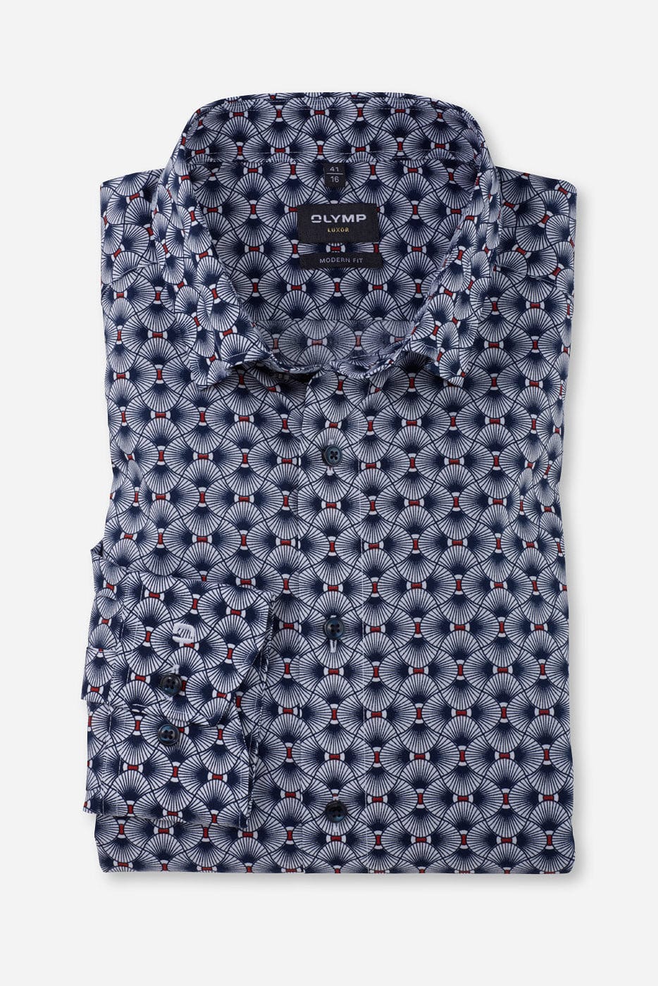 Olymp Luxor Modern Fit Fan Print Shirt - Brick Red/Navy
