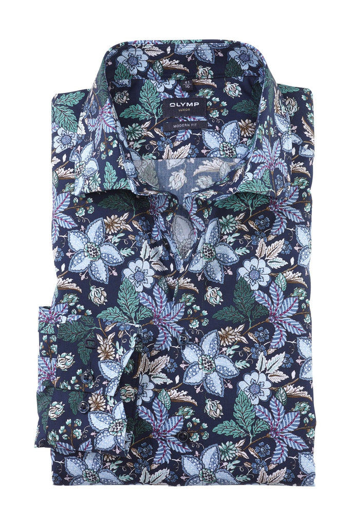 Olymp Luxor Modern Fit Floral/Leaf Print Shirt - Green/Blue