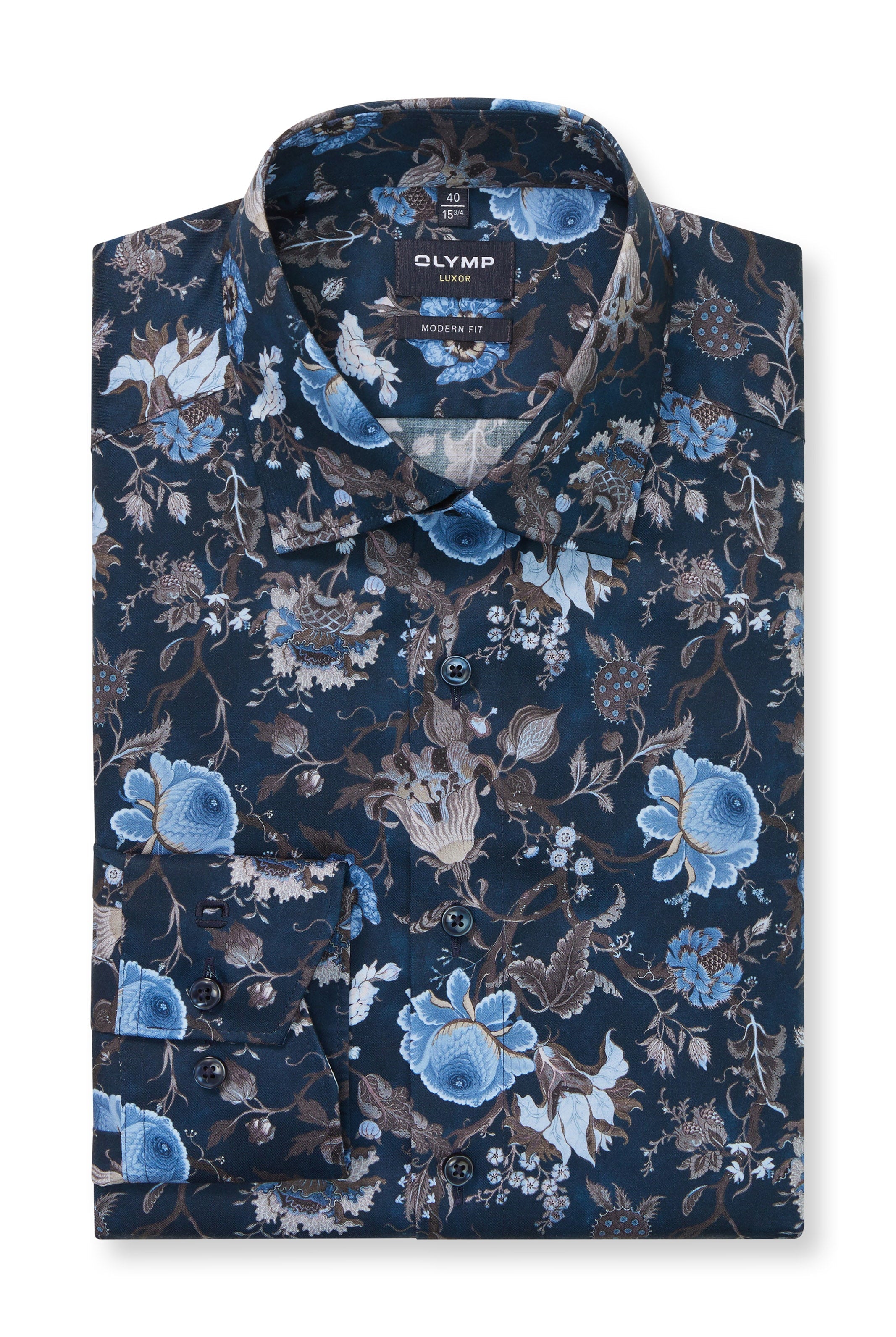 Olymp Luxor Modern Fit Floral Long Sleeve Shirt - Marine