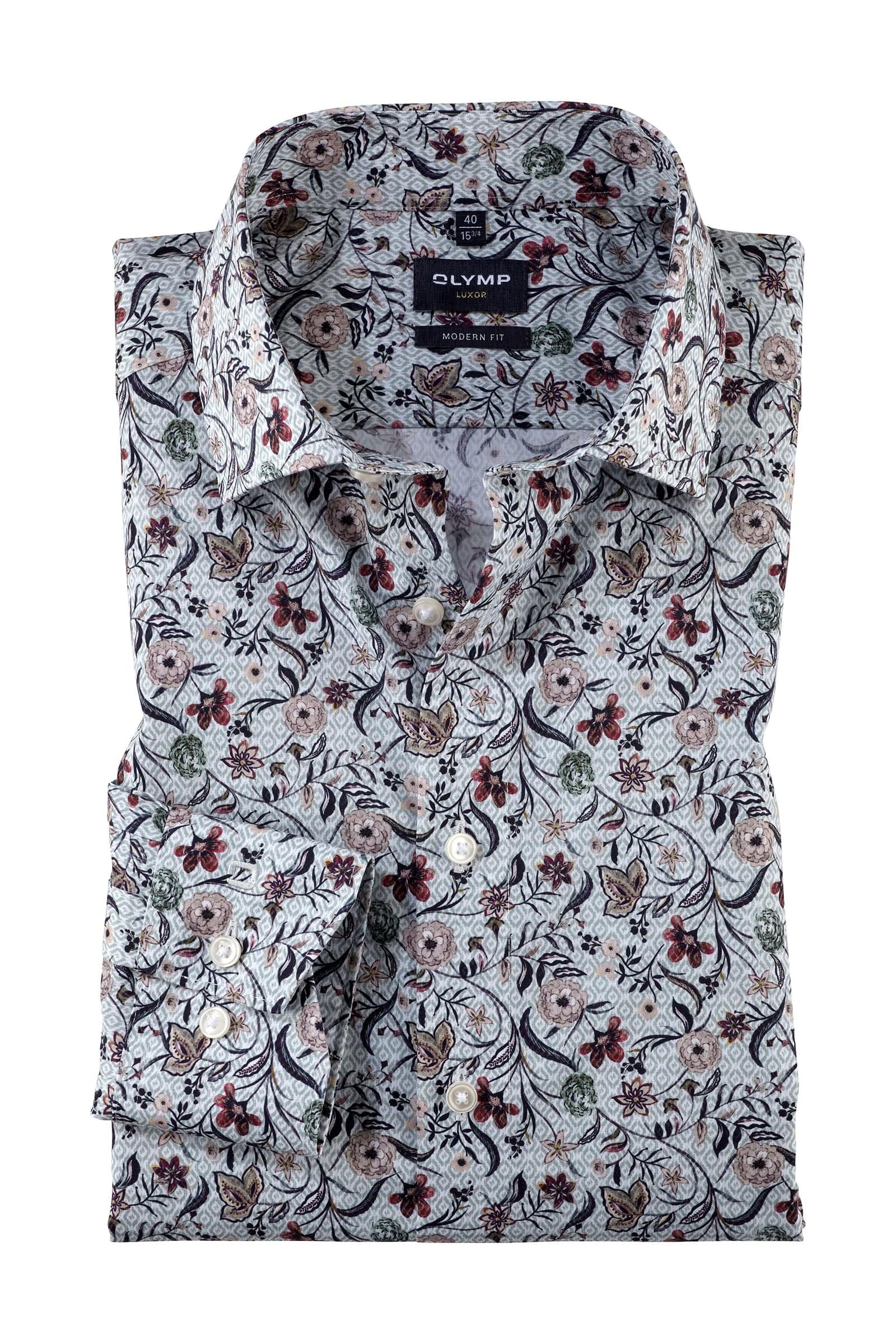 Olymp Luxor Modern Fit Floral Long Sleeve Shirt - Putty