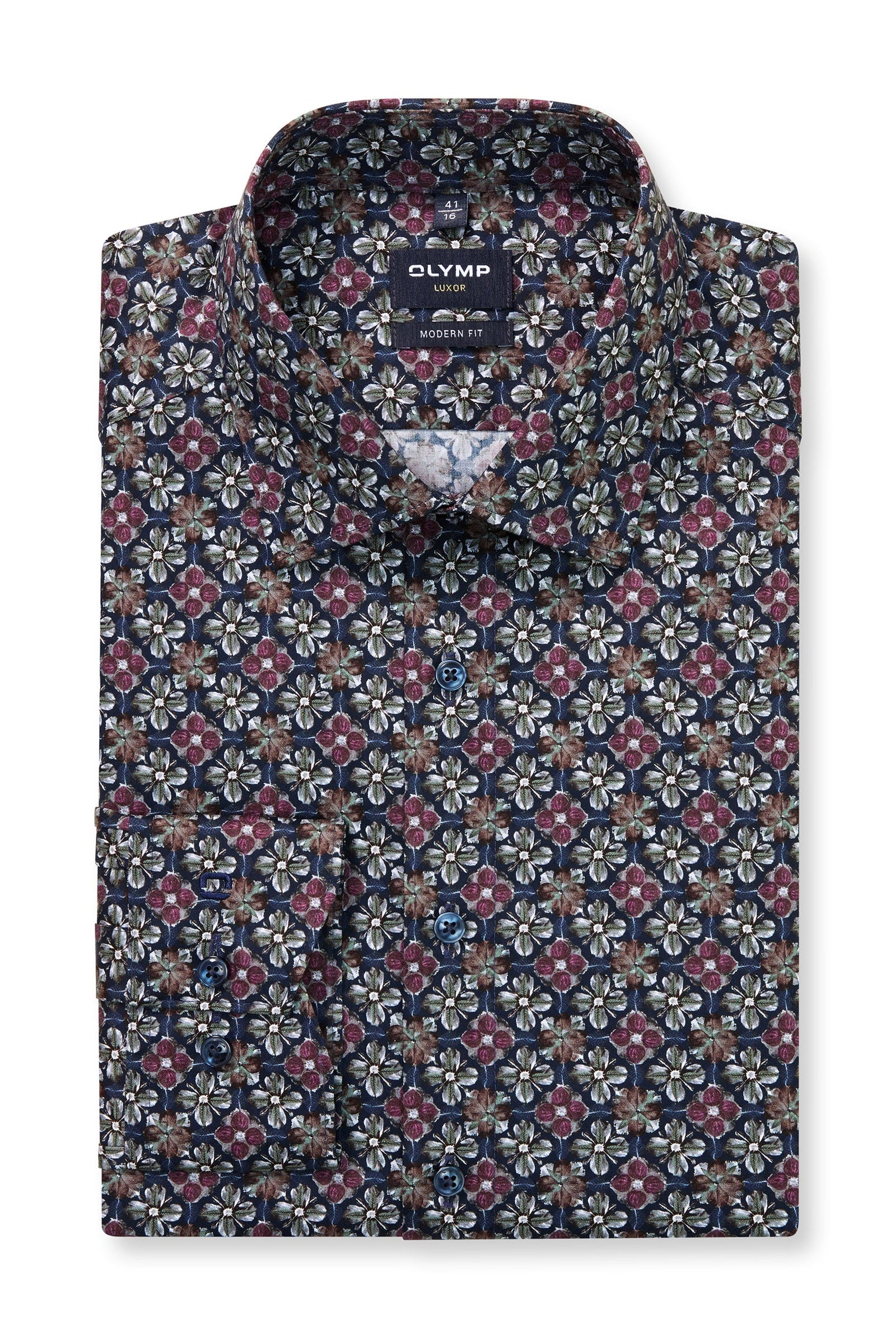Olymp Luxor Modern Fit Floral Print Long Sleeve Shirt - Marine