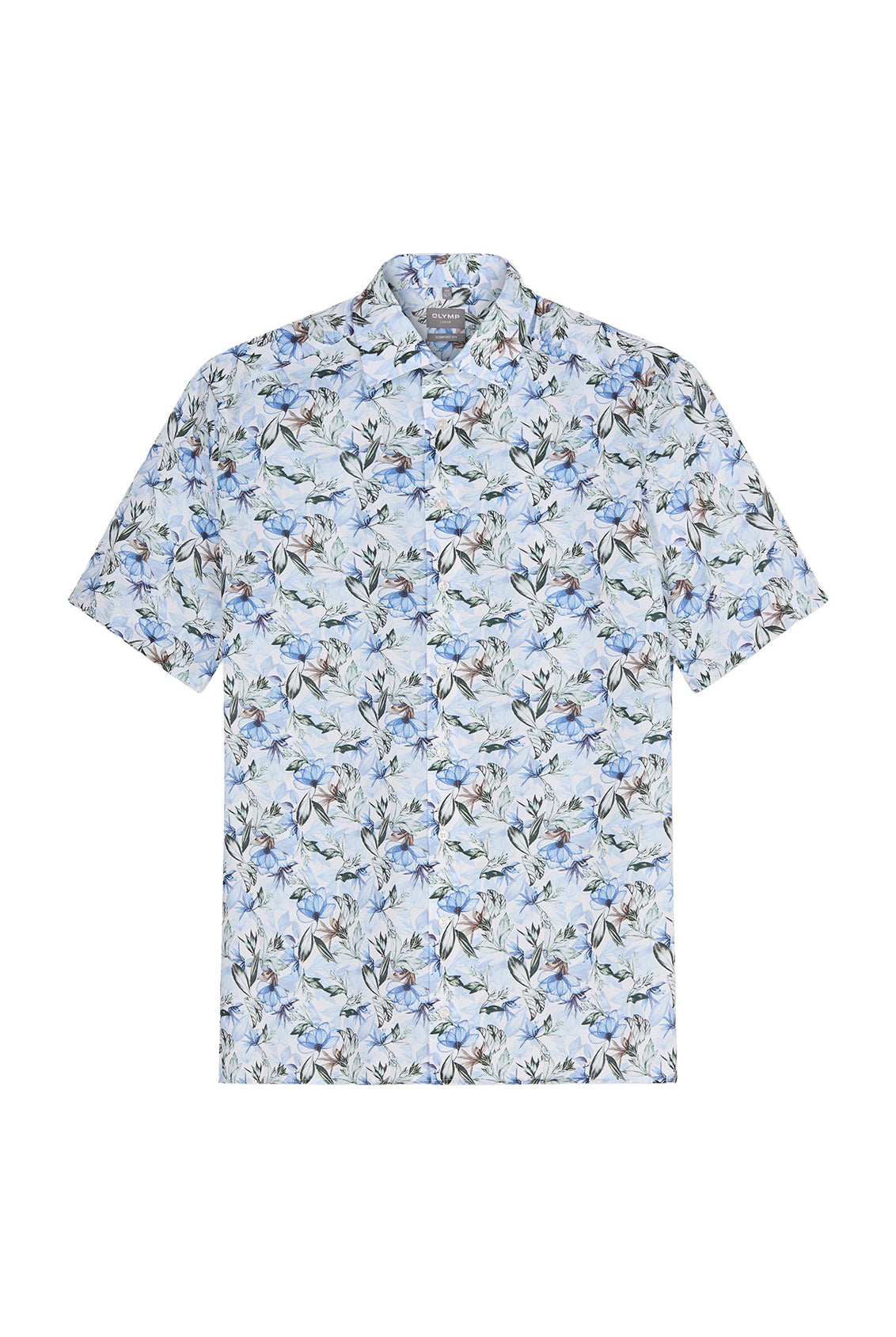 Olymp Luxor Modern Fit Floral Short Sleeve Shirt - White/Blue