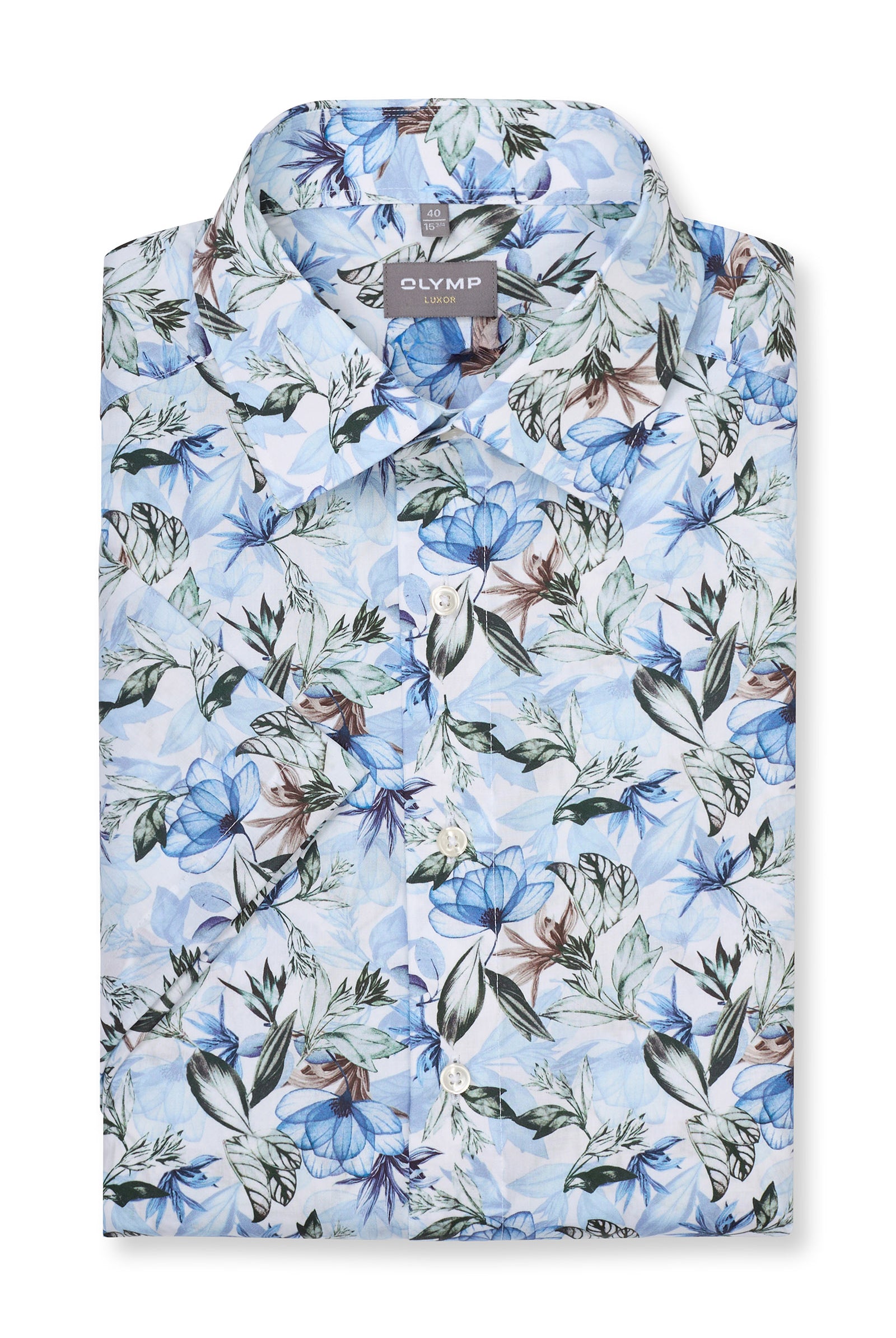 Olymp Luxor Modern Fit Floral Short Sleeve Shirt - White/Blue