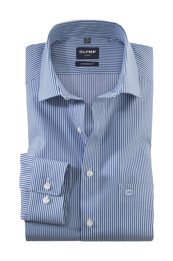 Olymp Luxor Modern Fit Long Sleeve Shirt - Blue/White Stripe
