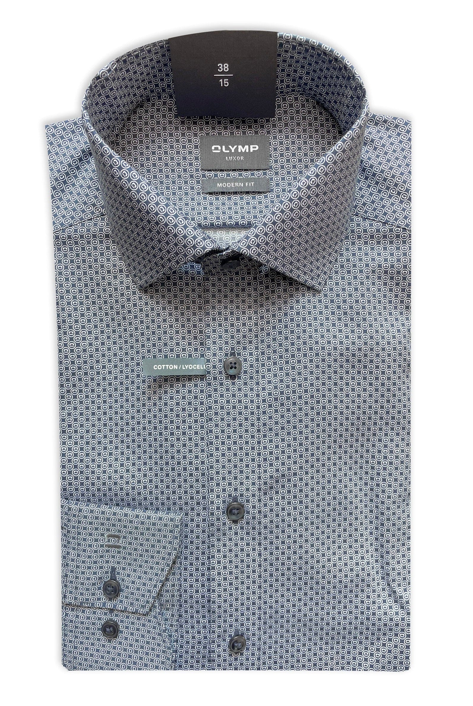 Olymp Luxor Modern Fit Lyocell Blend Circle Print Long Sleeve Shirt - Marine