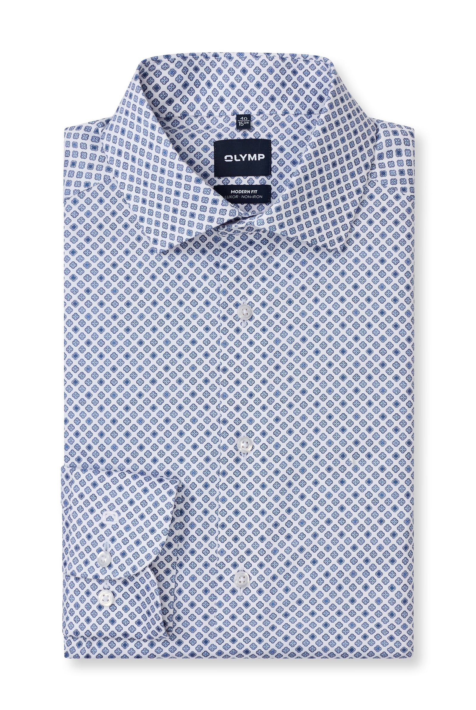 Olymp Luxor Modern Fit Medallion Extra Long Sleeve Shirt - White/Blue