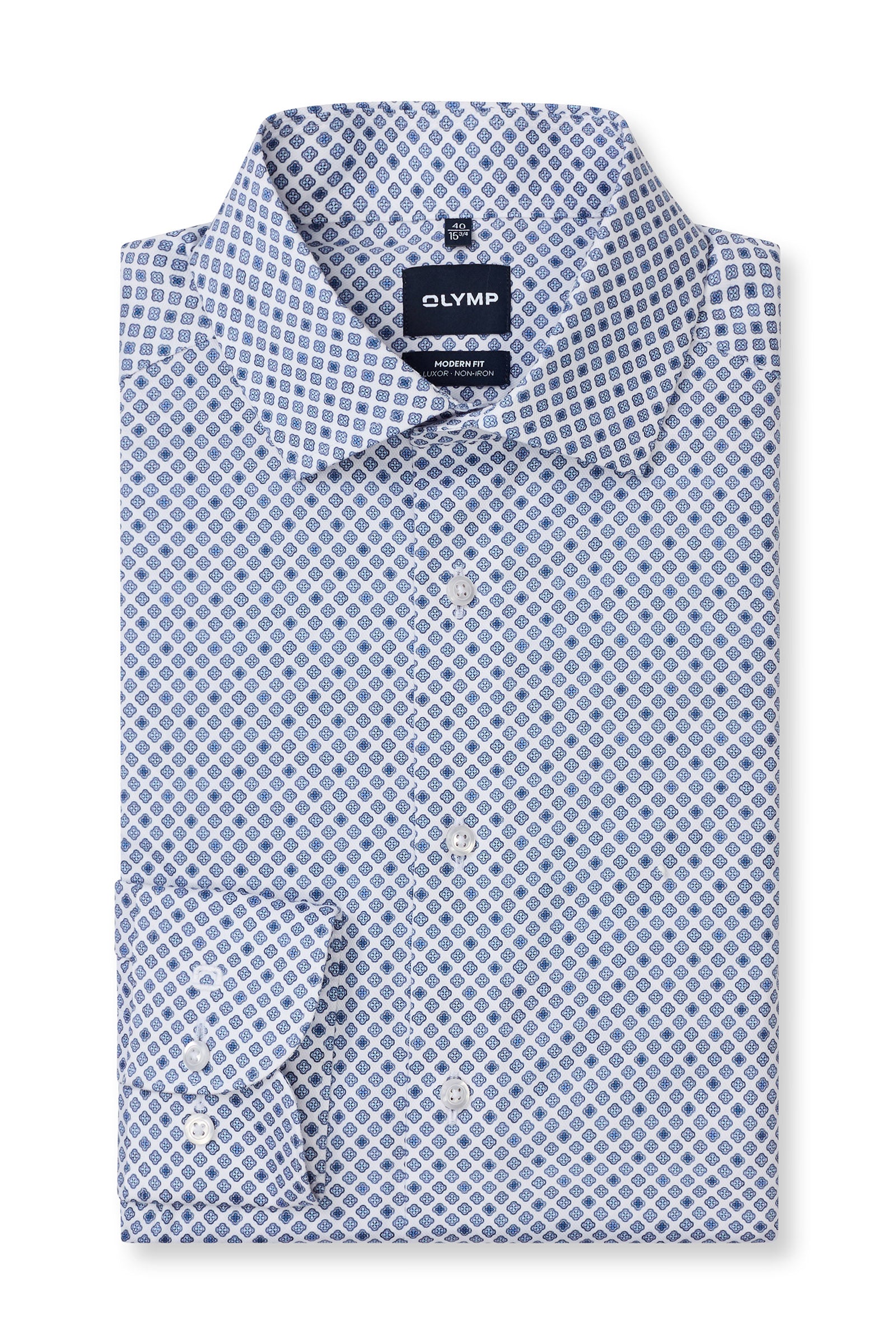 Olymp Luxor Modern Fit Medallion Print Shirt - White/Blue
