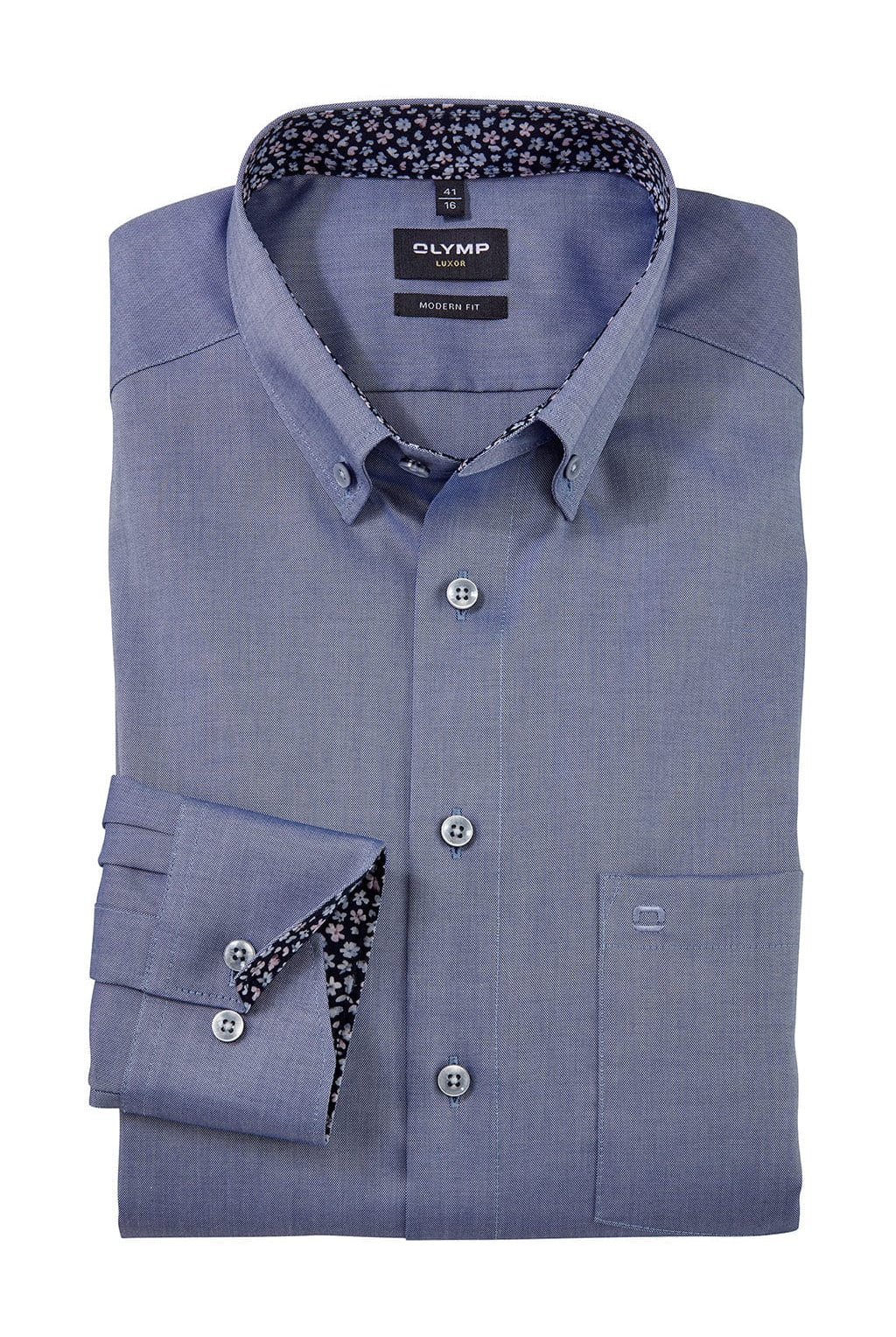 Olymp Luxor Modern Fit Plain Button-Down Shirt with Trim - Smoke Blue