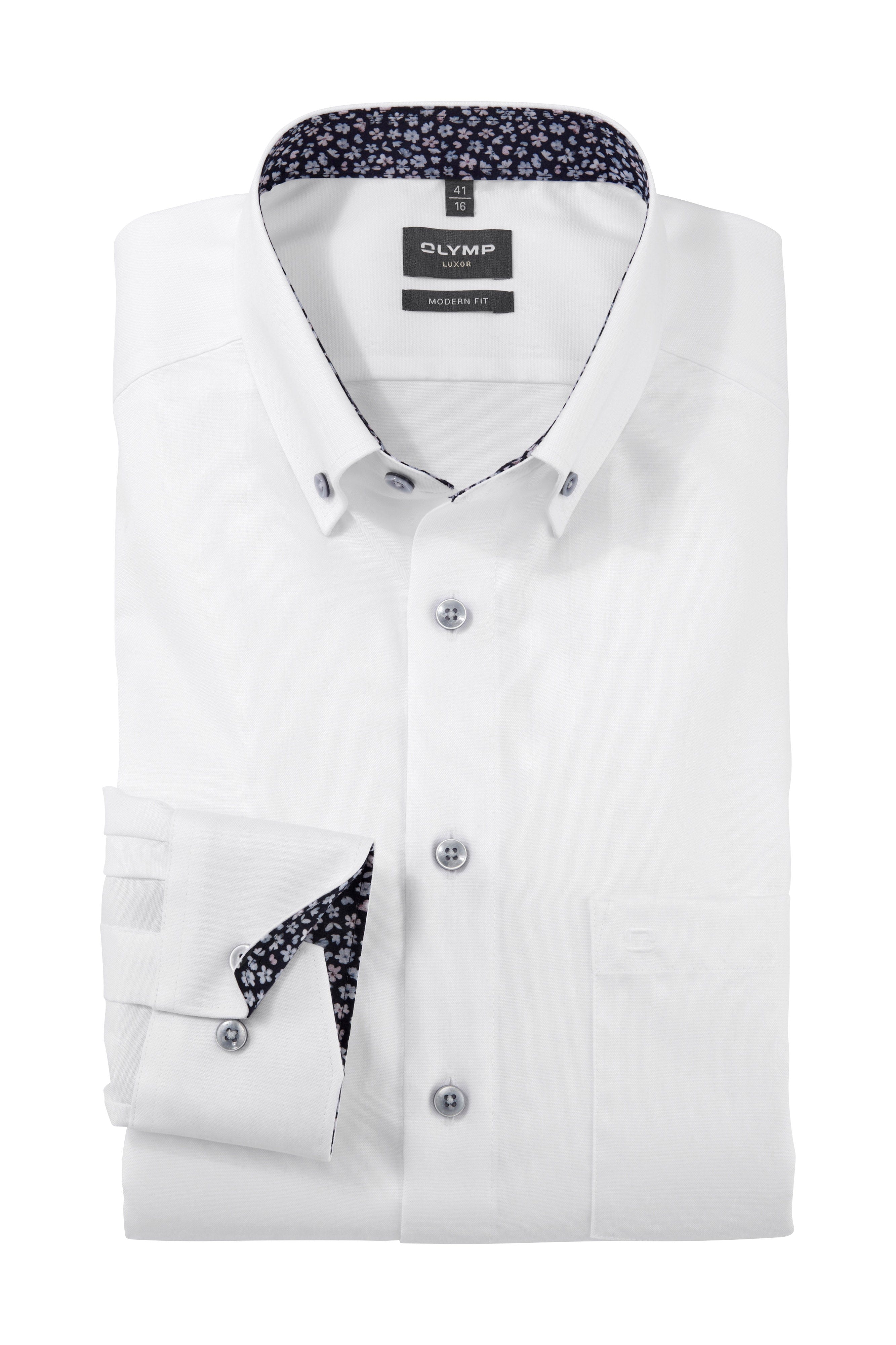 Olymp Luxor Modern Fit Plain Button-Down Shirt with Trim - White