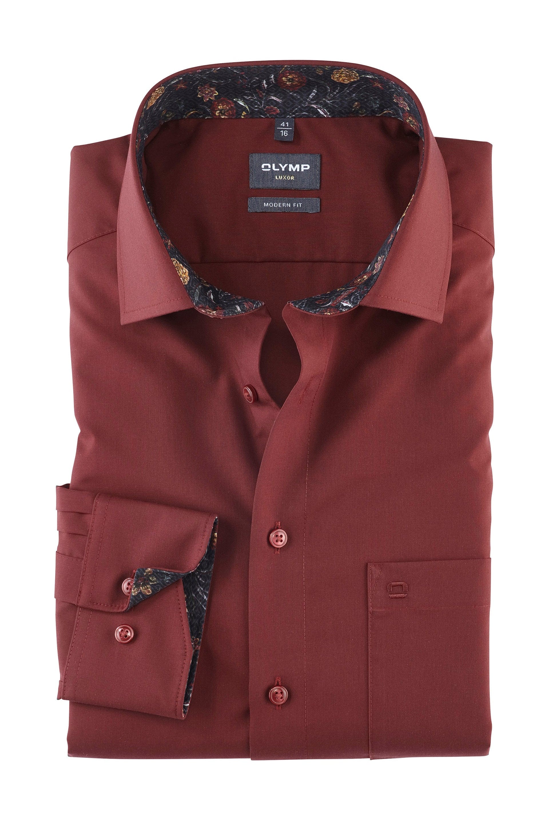Olymp Luxor Modern Fit Plain Long Sleeve Shirt with Trim - Dark Red