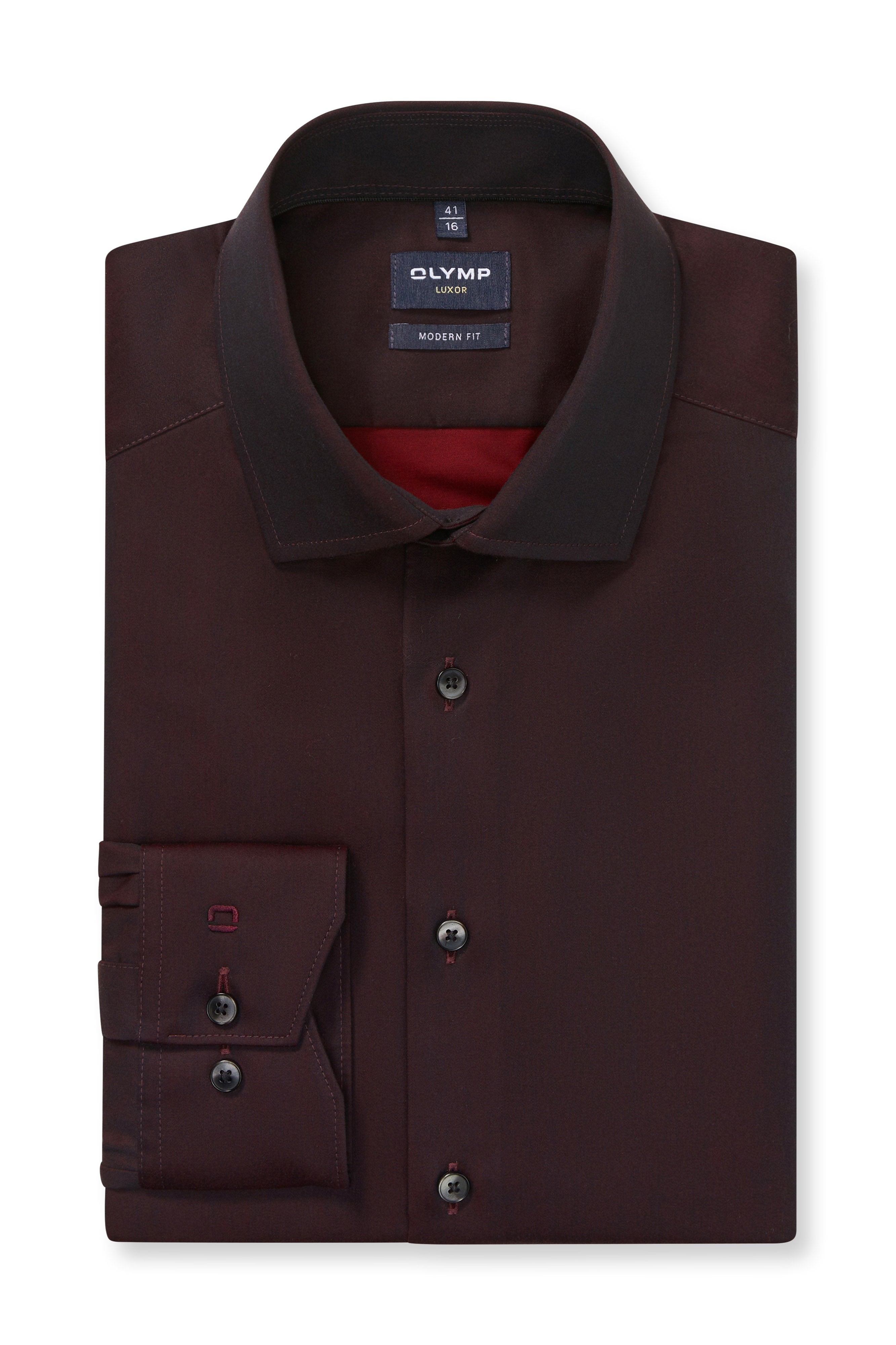 Olymp Luxor Modern Fit Plain Satin No Pocket Shirt - Bordeaux