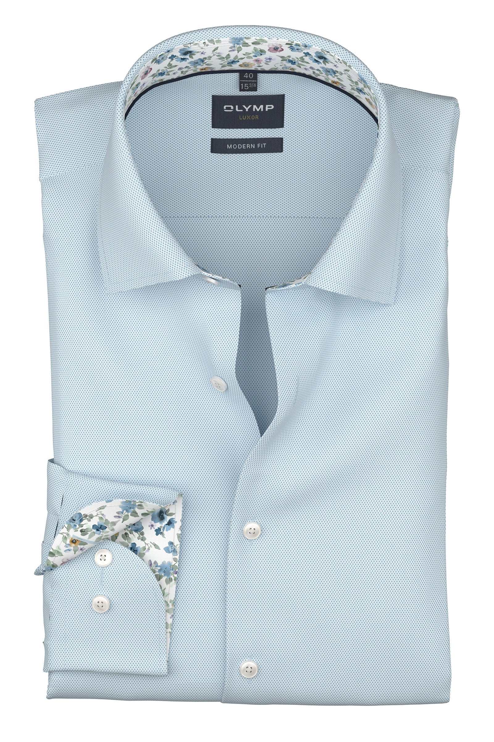 Olymp Luxor Modern Fit Plain Shirt with Floral Trim - Light Blue