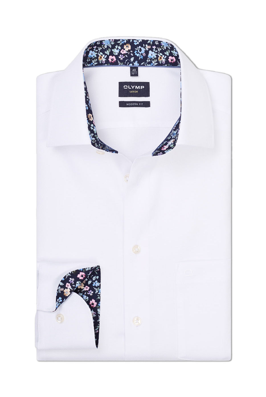 Olymp Luxor Modern Fit Plain Shirt with Floral Trim - White