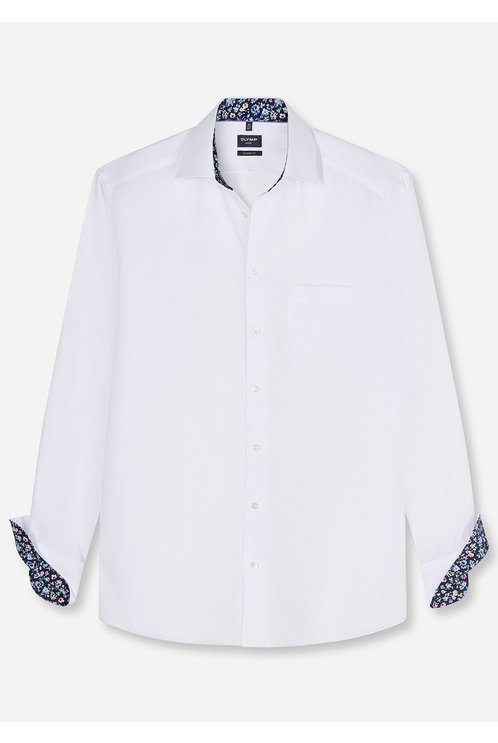 Olymp Luxor Modern Fit Plain Shirt with Floral Trim - White