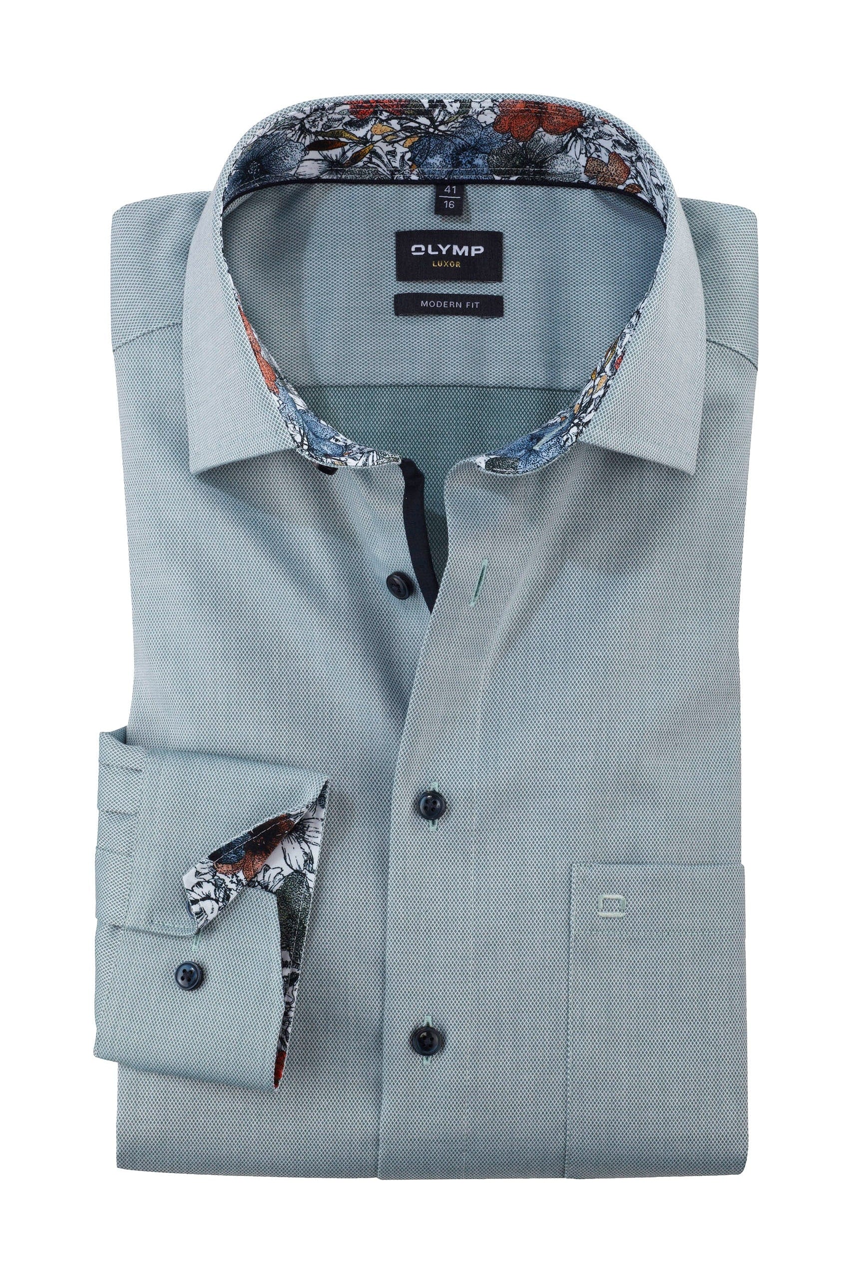 Olymp Luxor Modern Fit Plain Shirt with Trim - Green