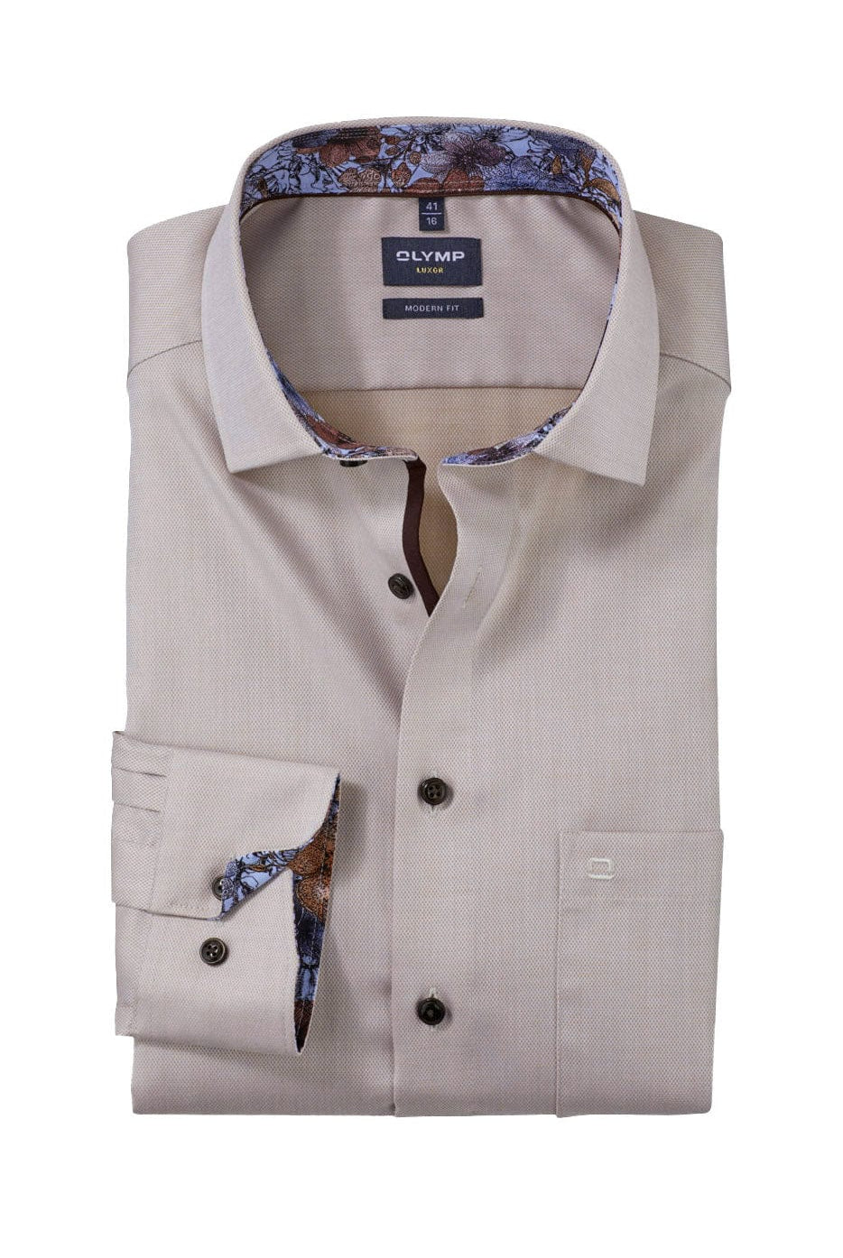 Olymp Luxor Modern Fit Plain Shirt with Trim - Natural