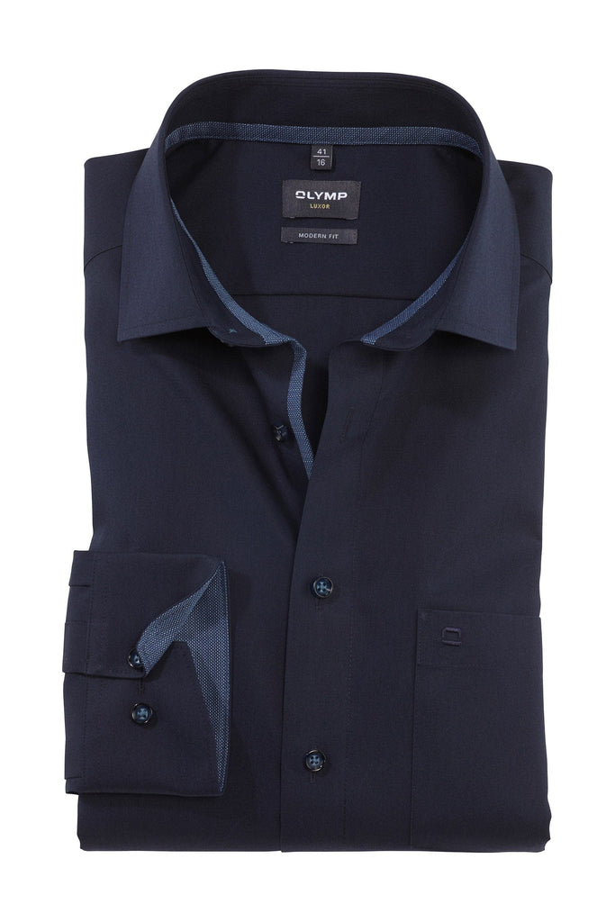 Olymp Luxor Modern Fit Plain Shirt with Trim - Navy