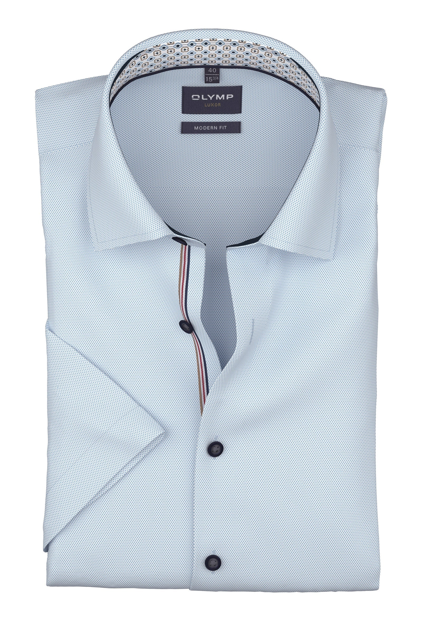 Olymp Luxor Modern Fit Plain Short Sleeve Shirt with Geo Trim - Light Blue