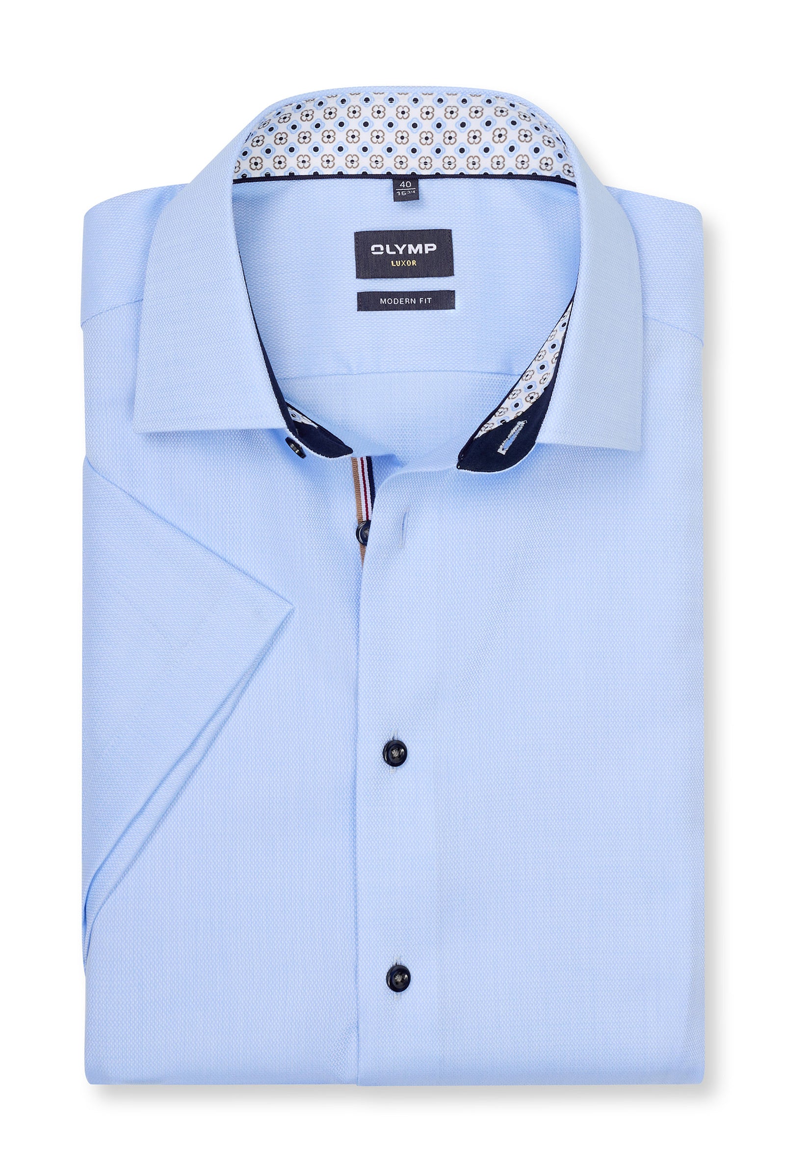 Olymp Luxor Modern Fit Plain Short Sleeve Shirt with Geo Trim - Light Blue