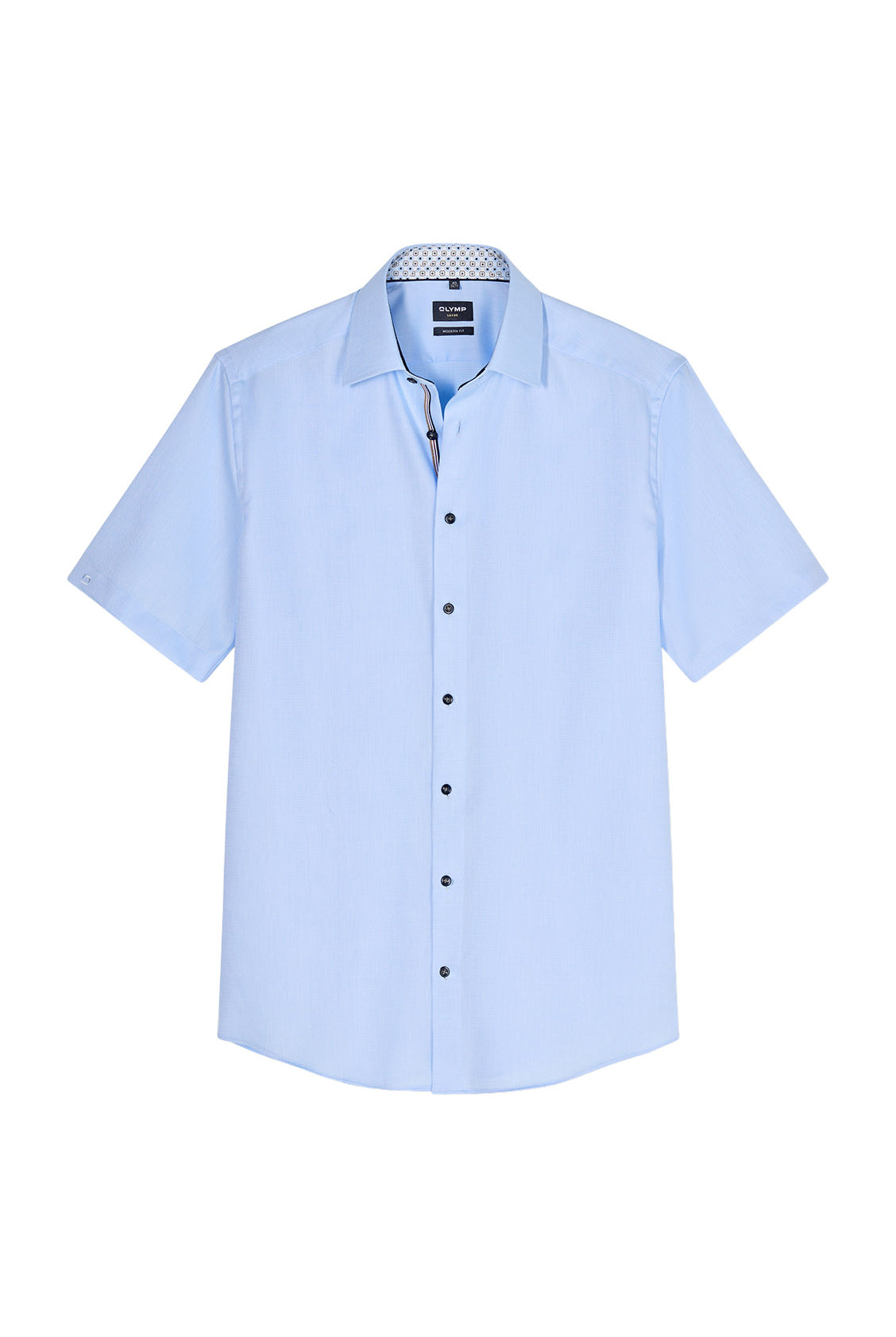 Olymp Luxor Modern Fit Plain Short Sleeve Shirt with Geo Trim - Light Blue