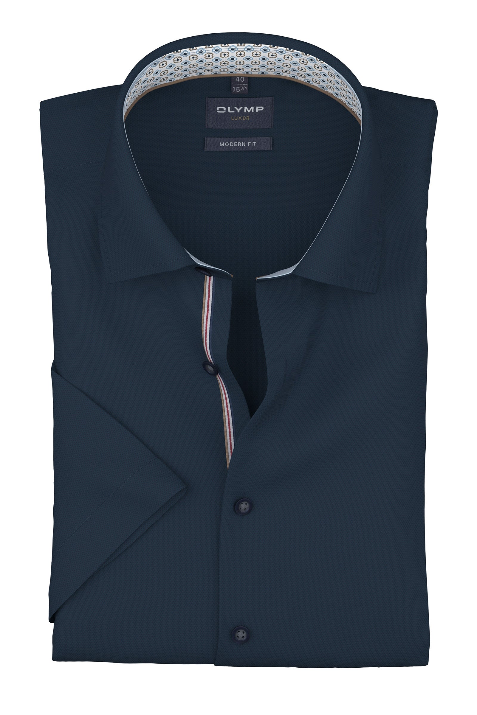 Olymp Luxor Modern Fit Plain Short Sleeve Shirt with Geo Trim - Navy