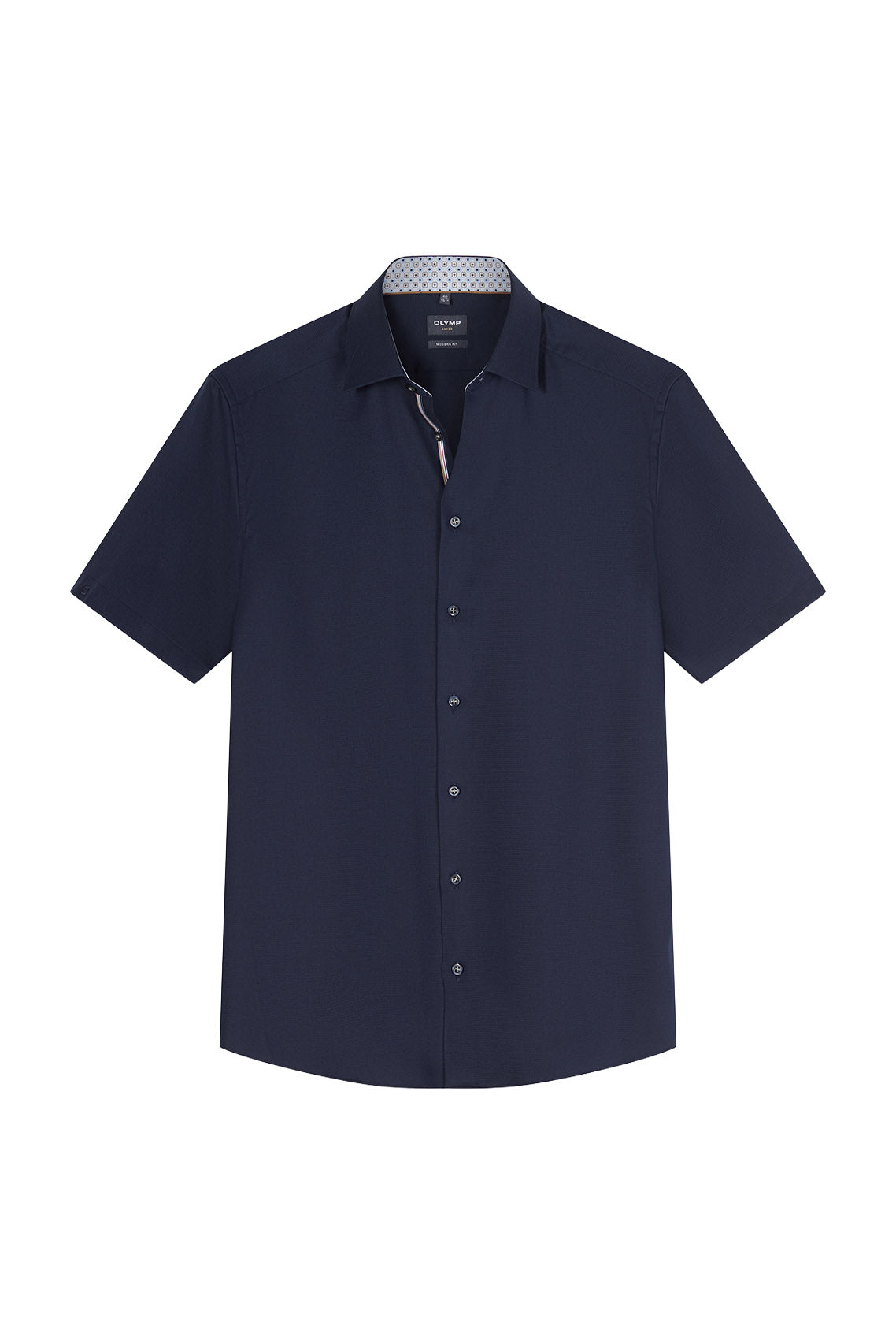Olymp Luxor Modern Fit Plain Short Sleeve Shirt with Geo Trim - Navy
