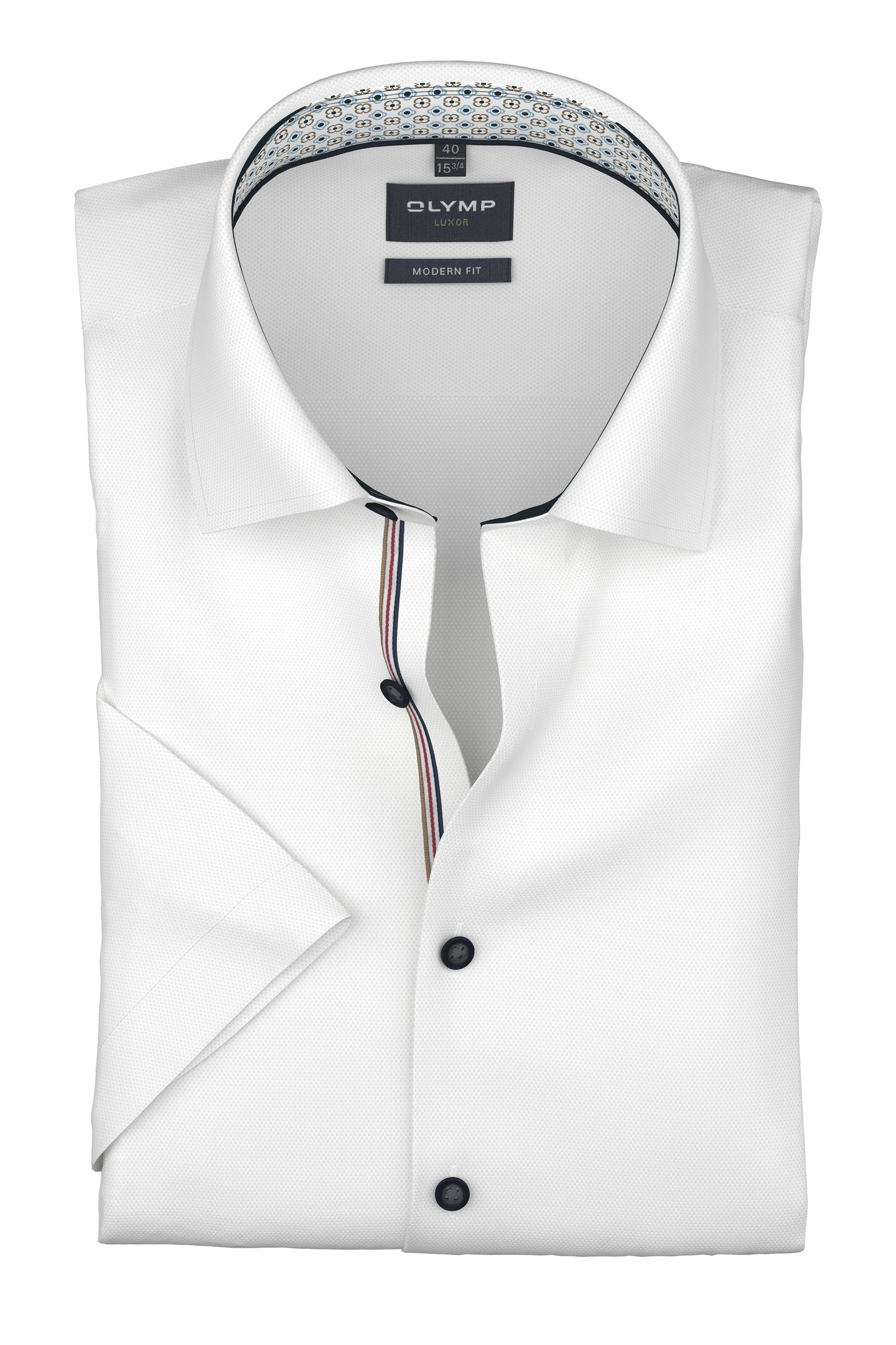 Olymp Luxor Modern Fit Plain Short Sleeve Shirt with Geo Trim - White