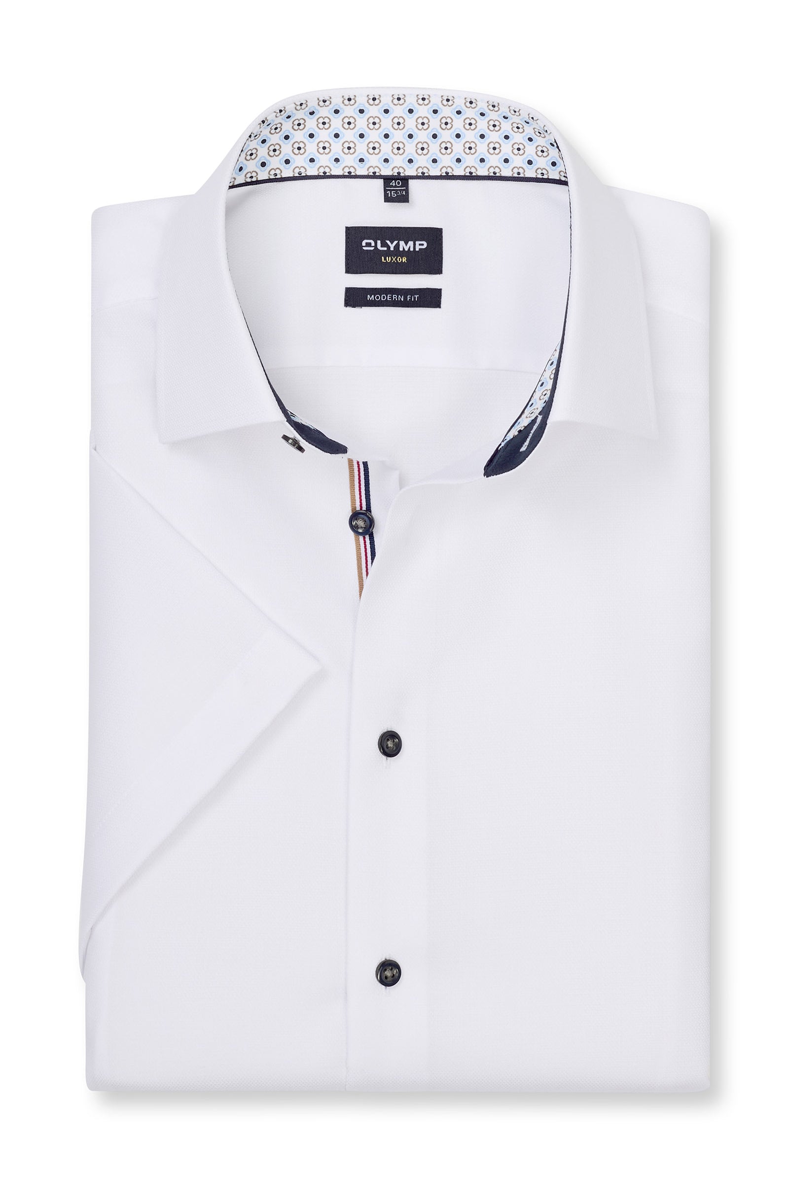 Olymp Luxor Modern Fit Plain Short Sleeve Shirt with Geo Trim - White
