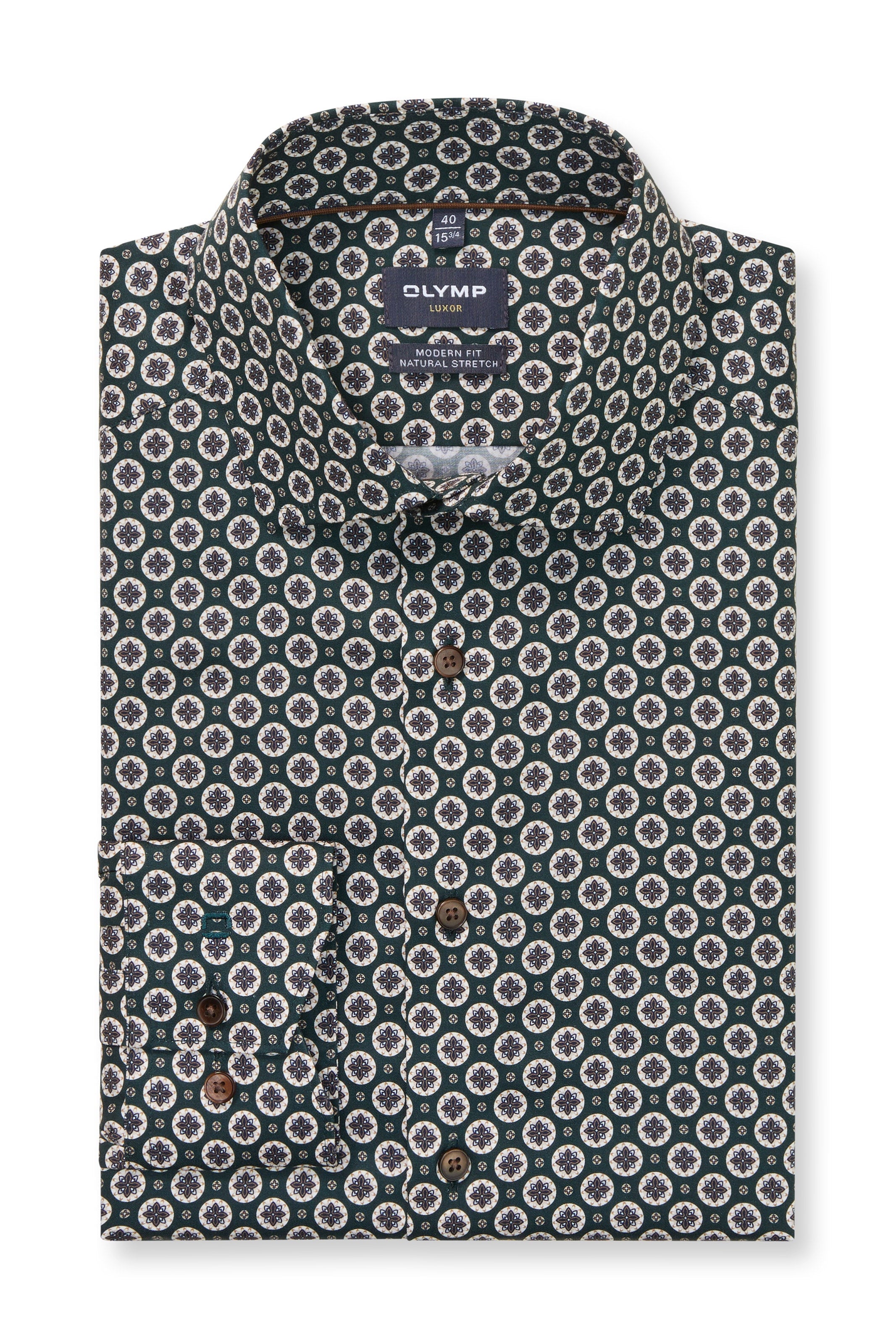 Olymp Luxor Modern Fit Tile Print Long Sleeve Shirt - Dark Green