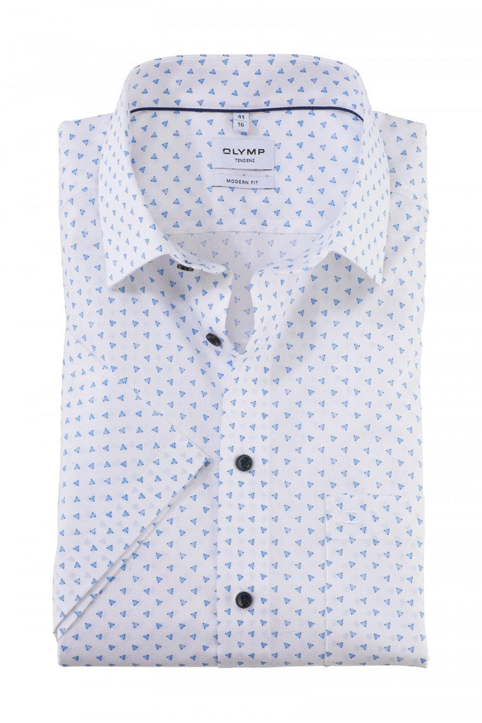 Olymp Tendenz Modern Fit Tri-Spot Short Sleeve Shirt - White/Blue