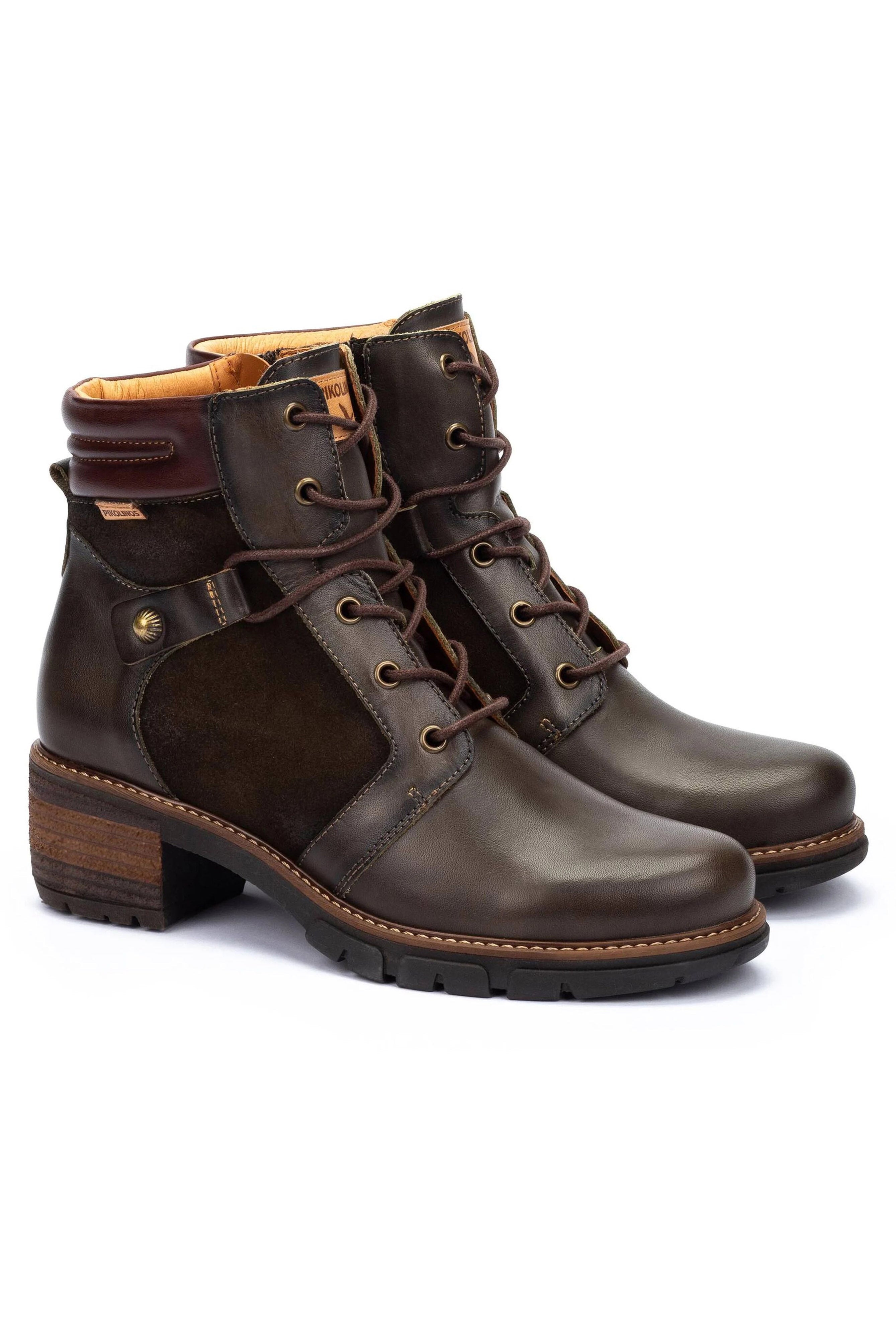 Pikolinos San Sebastia Leather Lace Up Heeled Ankle Boots - Forest