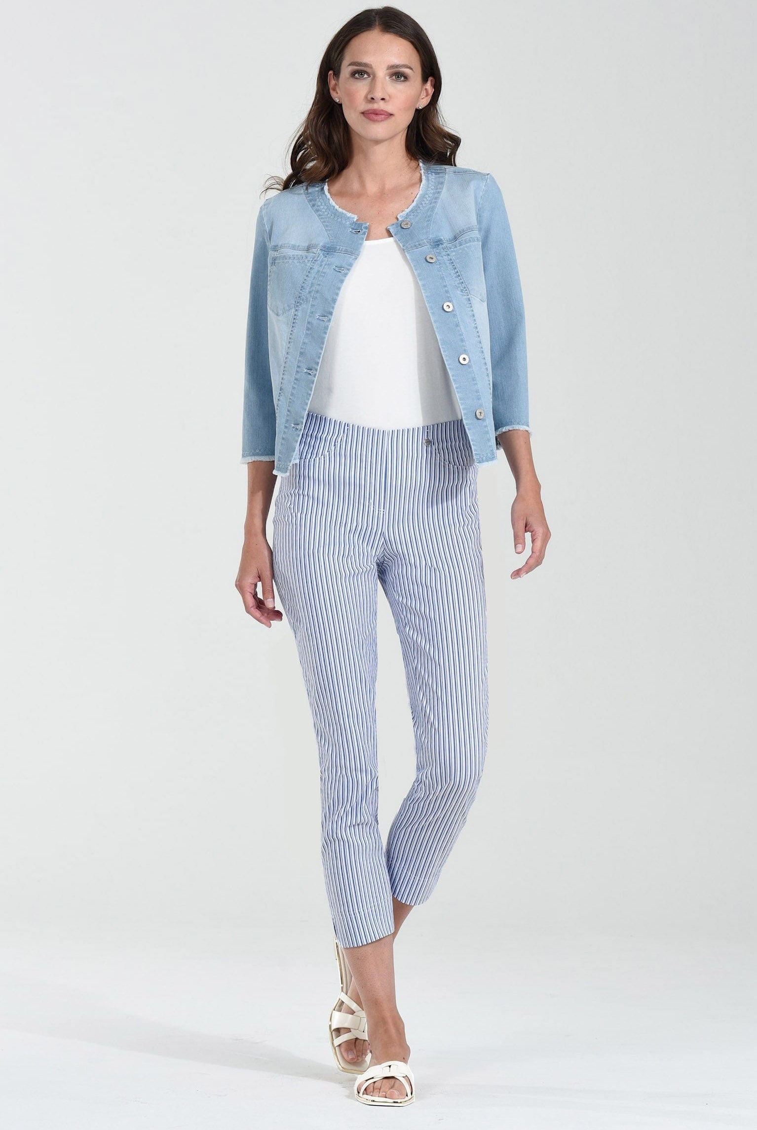 Robell Bella 09 Seersucker Stripe Ankle Grazer Trousers - Liberty Blue