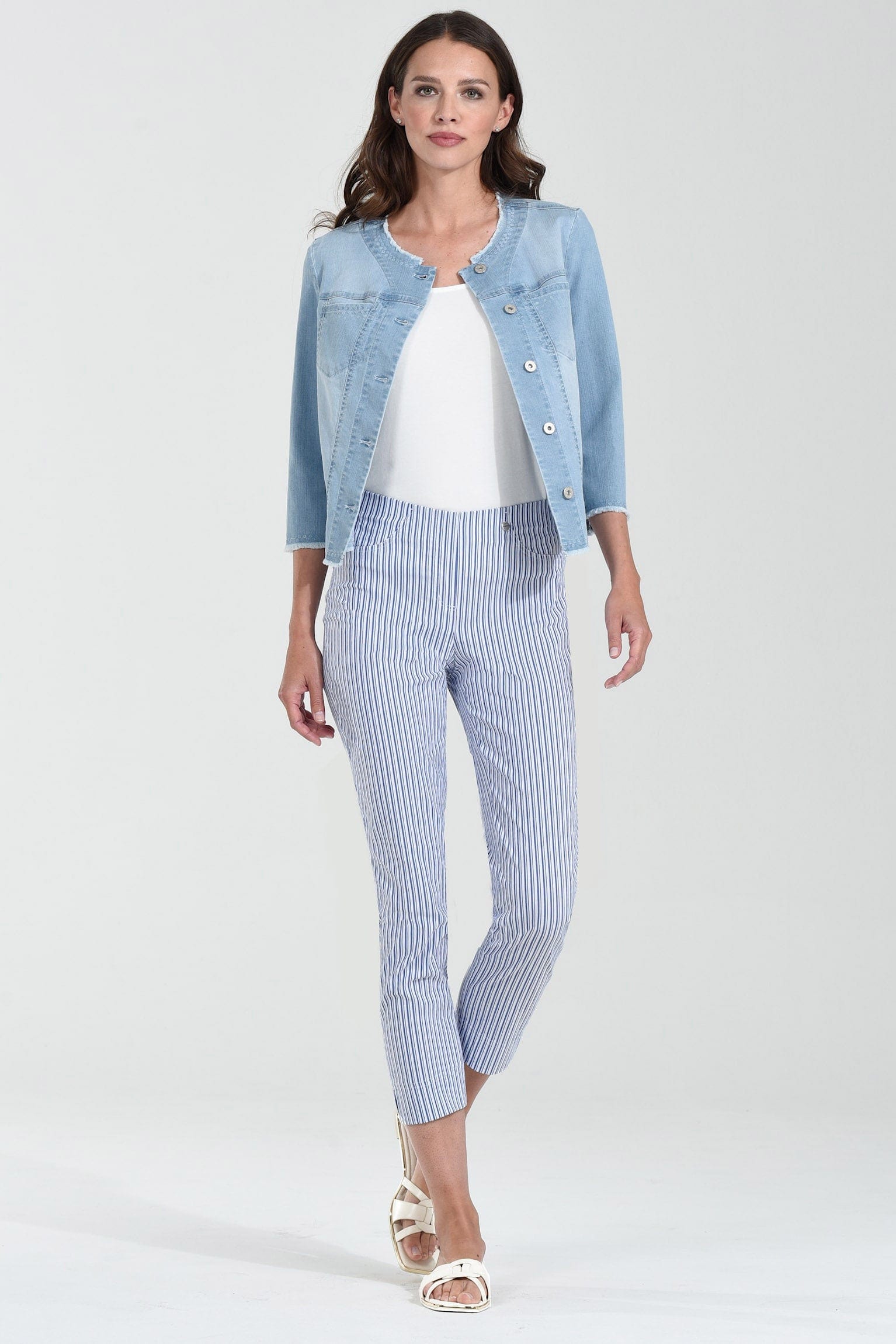 Robell Bella 09 Seersucker Stripe Ankle Grazer Trousers - Liberty Blue