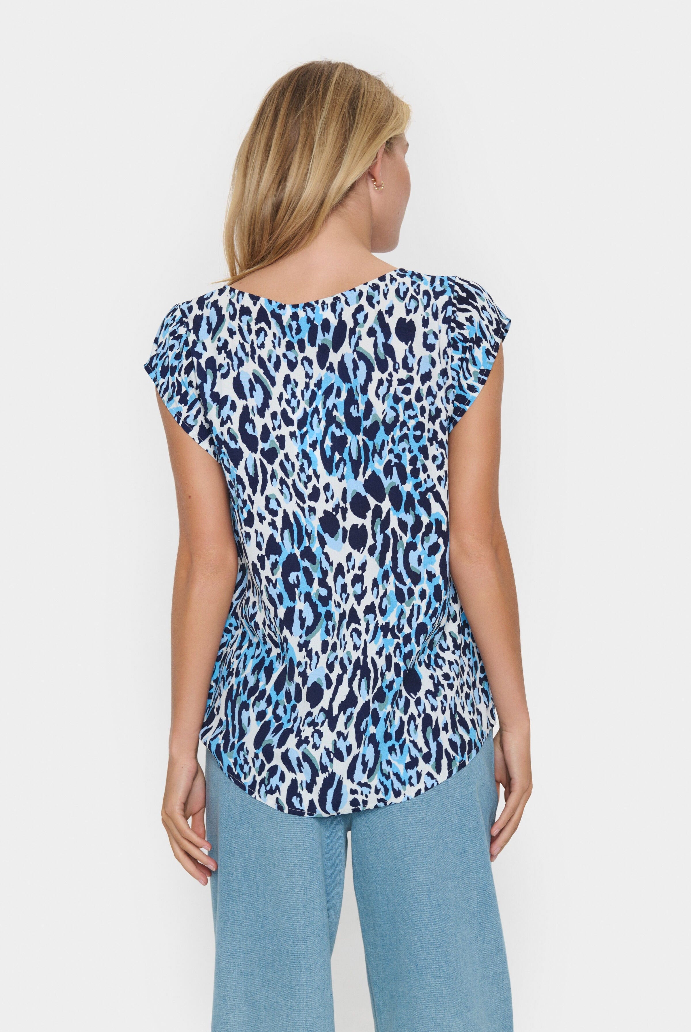 Saint Tropez Blanca Adele Short Sleeve Blouse - Baby's Breath Blue Animal