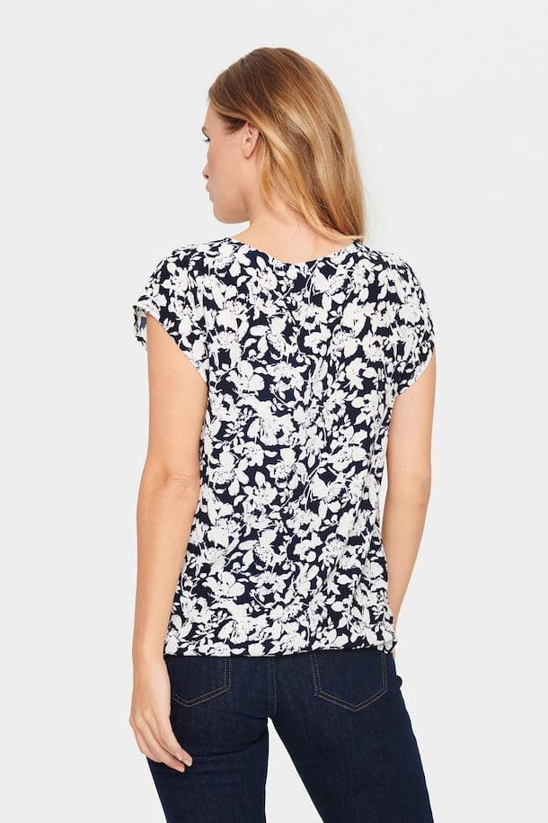 Saint Tropez Blanca Adele Short Sleeve Blouse - Night Sky Porcelain Blooms