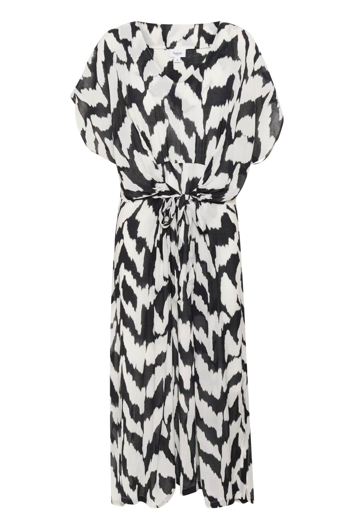 Saint Tropez Eya Tie Detail Midi Dress - Black Monochrome Strokes