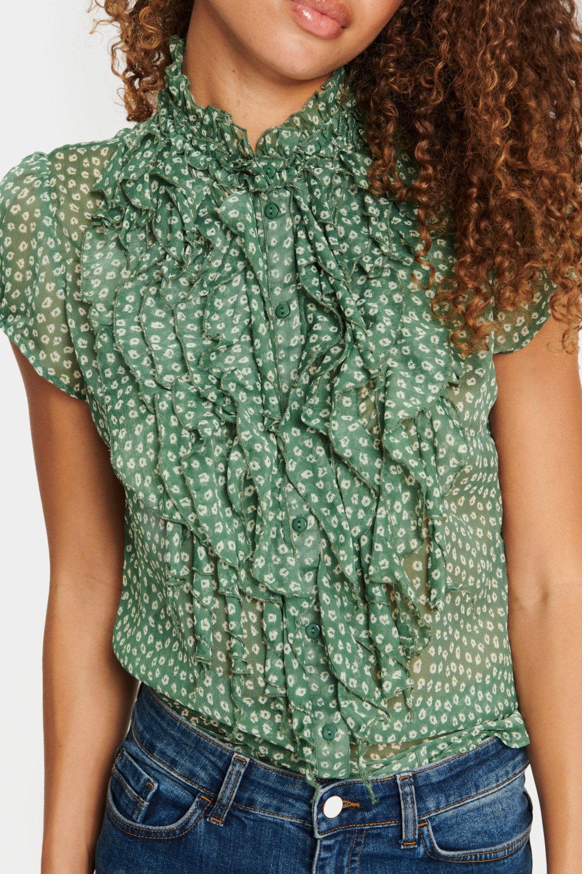 Saint Tropez Lilja Ruffle Detail Blouse - Dark Forest Mini Flower Shadow