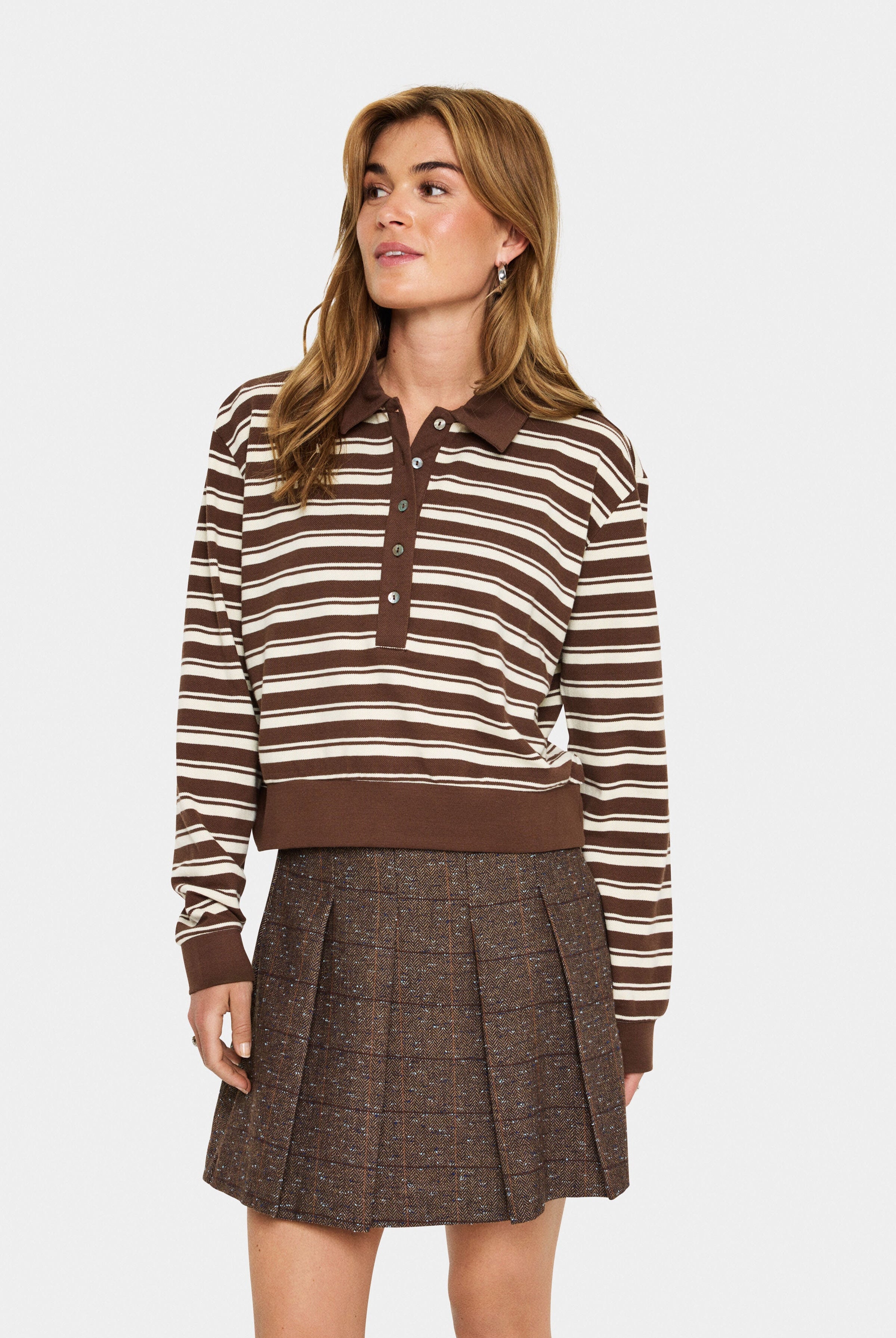 Saint Tropez Marjorie Stripe Long Sleeve Polo - Fondue Fudge Stripe