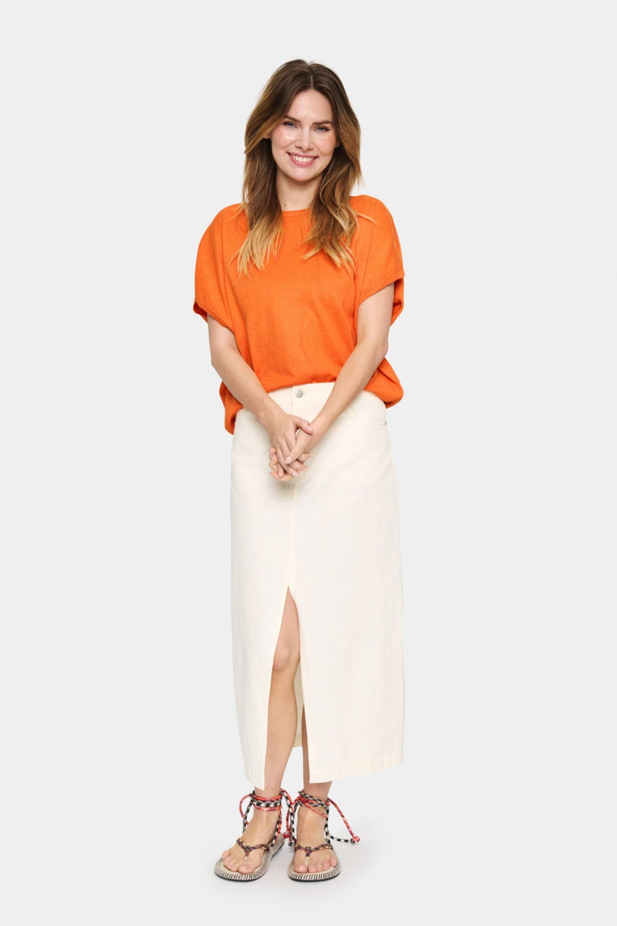 Saint Tropez Mila Round Neck Short Sleeve Jumper - Apricot Melange