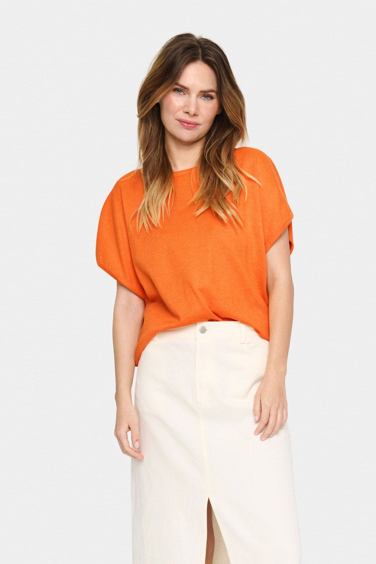 Saint Tropez Mila Round Neck Short Sleeve Jumper - Apricot Melange
