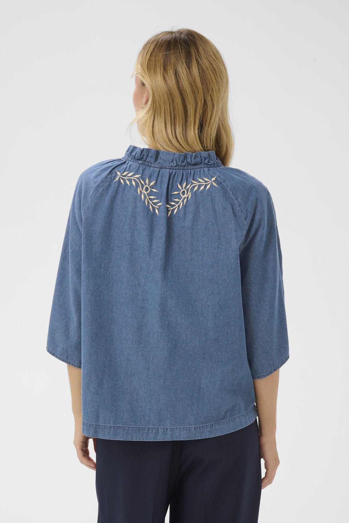 Saint Tropez Onaya Embroidered Blouse - Medium Blue Denim