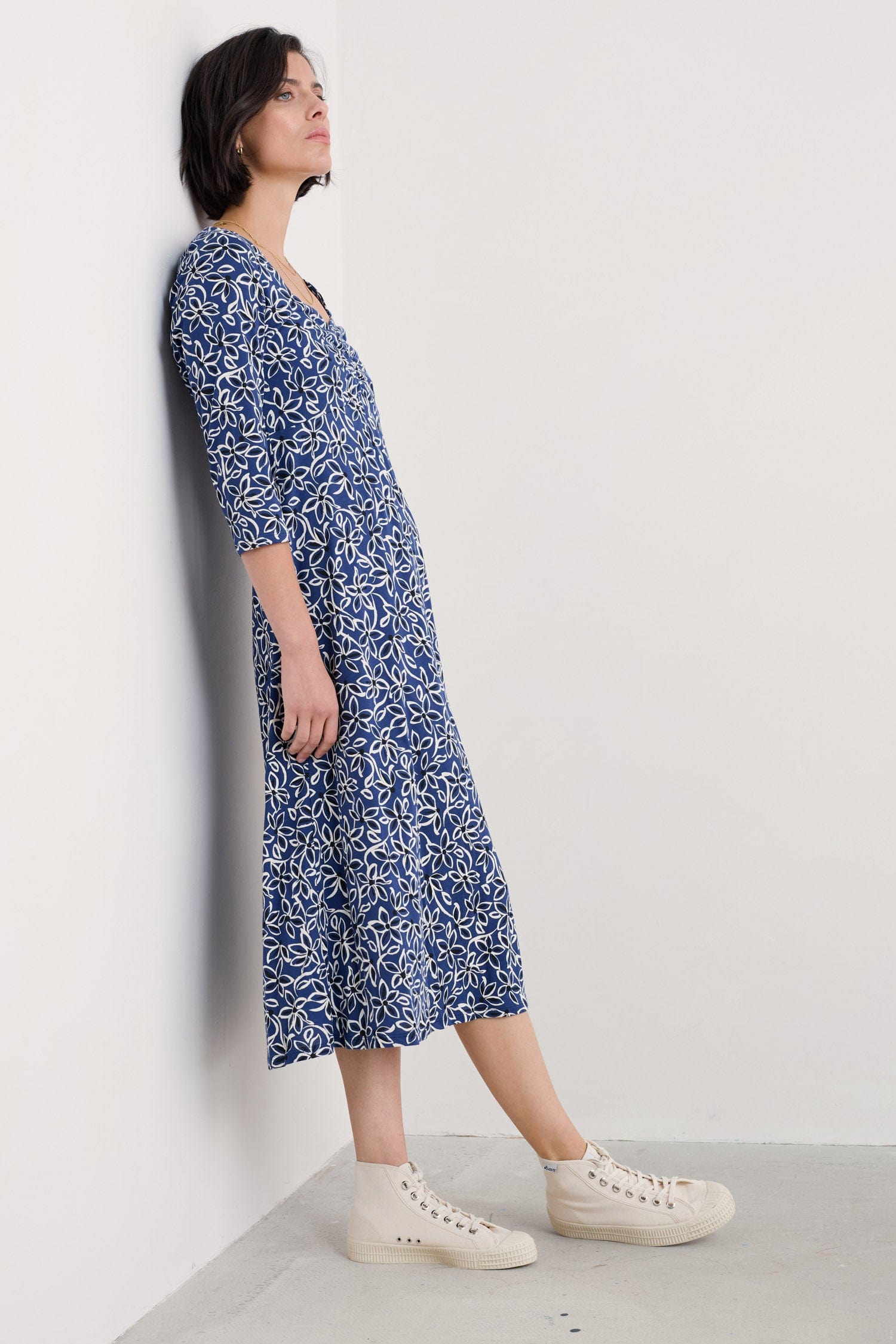 Seasalt 3/4 Sleeve Secret Cove Midi Dress - Harbour Floral Washed Marine
