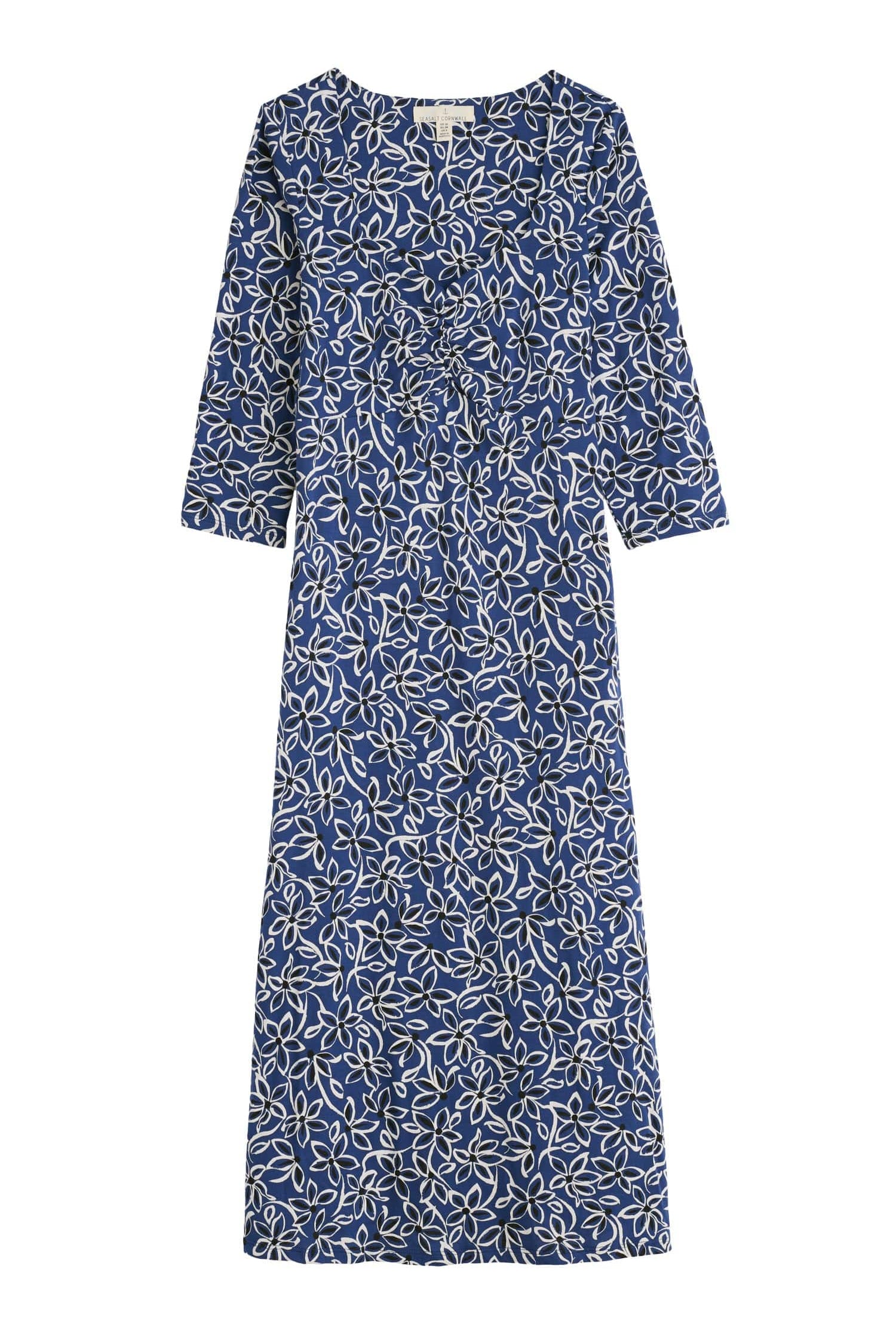 Seasalt 3/4 Sleeve Secret Cove Midi Dress - Harbour Floral Washed Marine