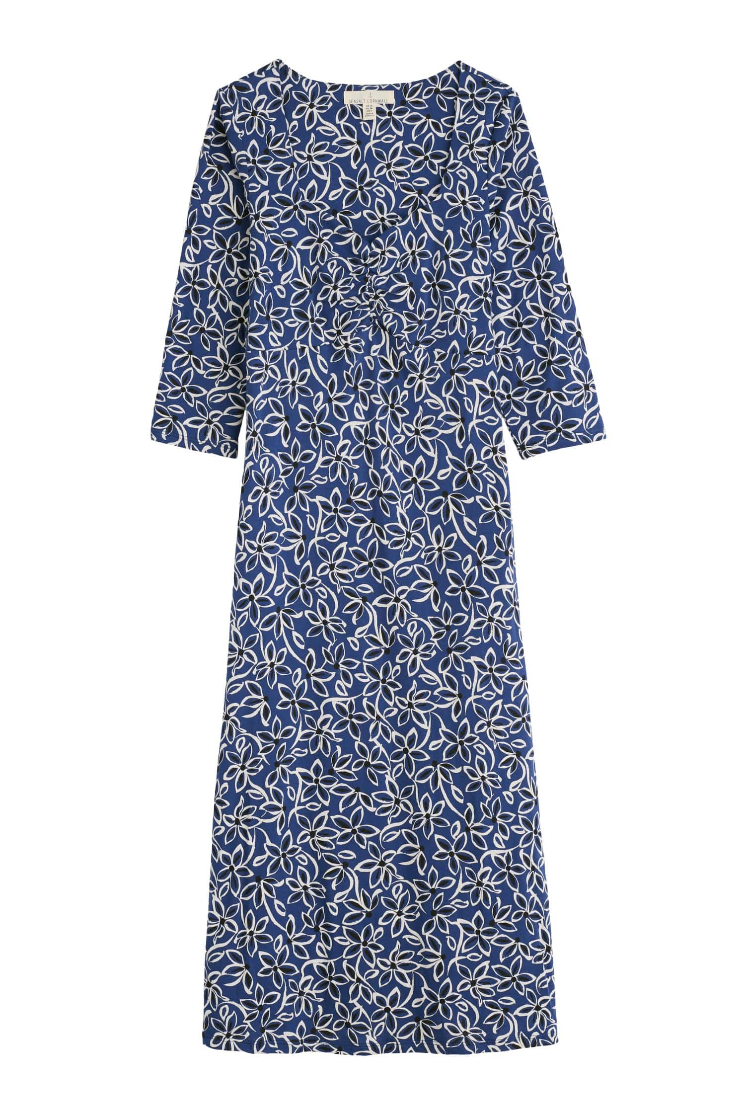 Seasalt 3/4 Sleeve Secret Cove Midi Dress - Harbour Floral Washed Marine