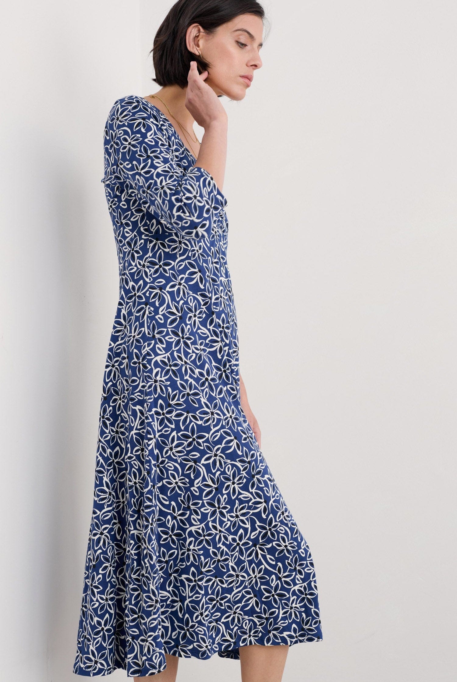 Seasalt 3/4 Sleeve Secret Cove Midi Dress - Harbour Floral Washed Marine