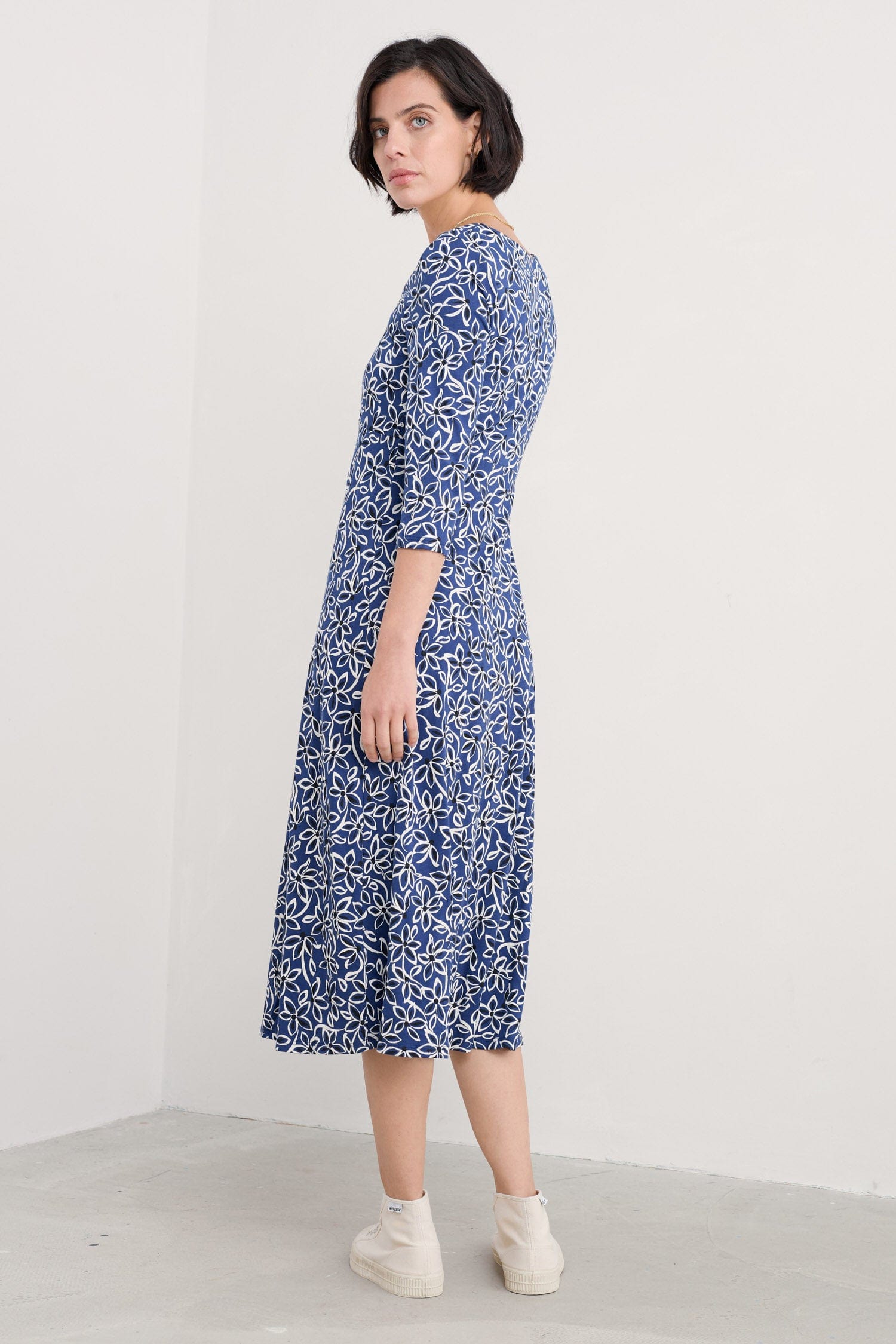 Seasalt 3/4 Sleeve Secret Cove Midi Dress - Harbour Floral Washed Marine