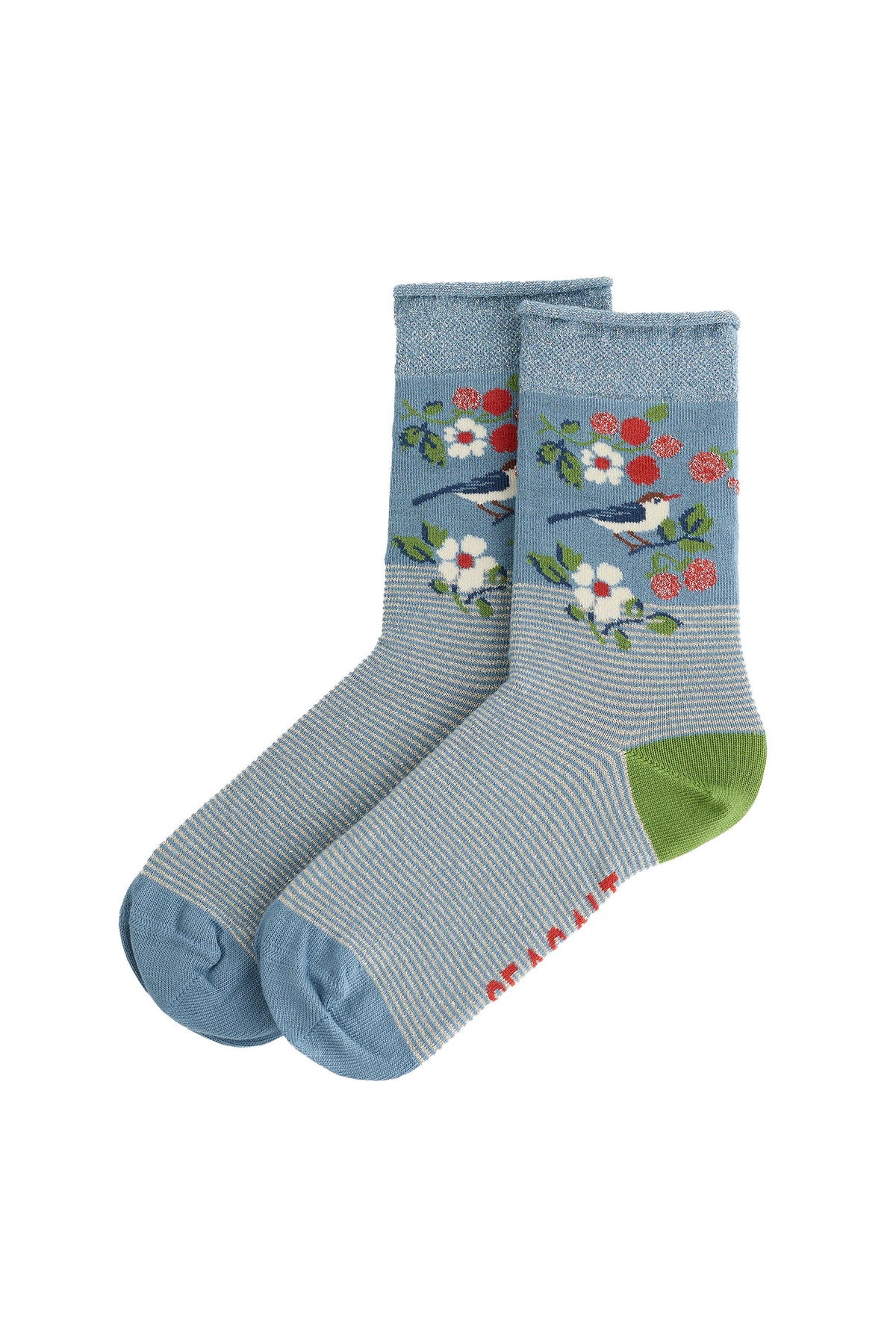 Seasalt Bamboo Snowy Scenes Socks - Sweet Nightingale Stripe Lichen B-AC18444_39032_OS