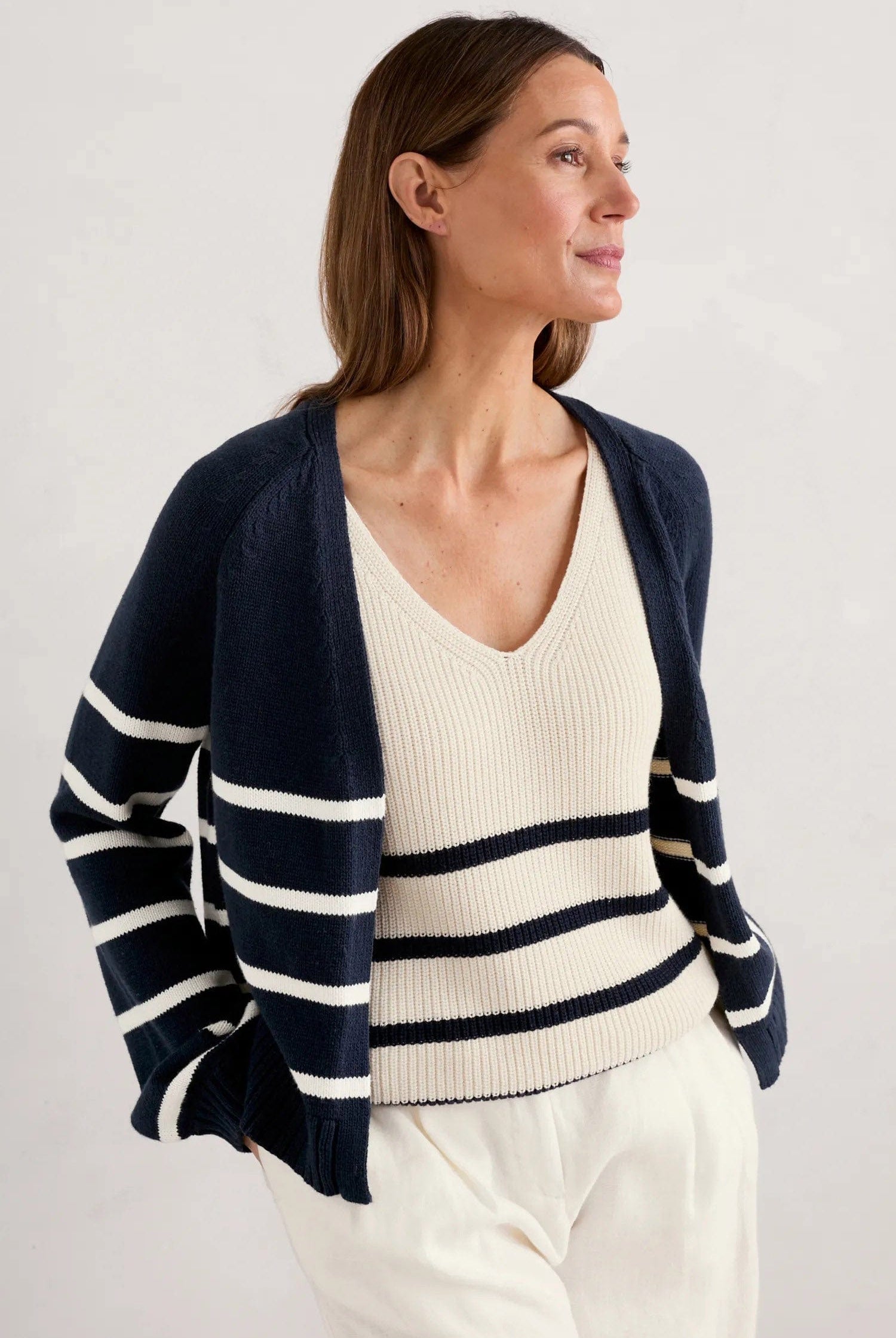 Seasalt Castle Beach Cardigan - Stripe Porthole Maritime Chalk