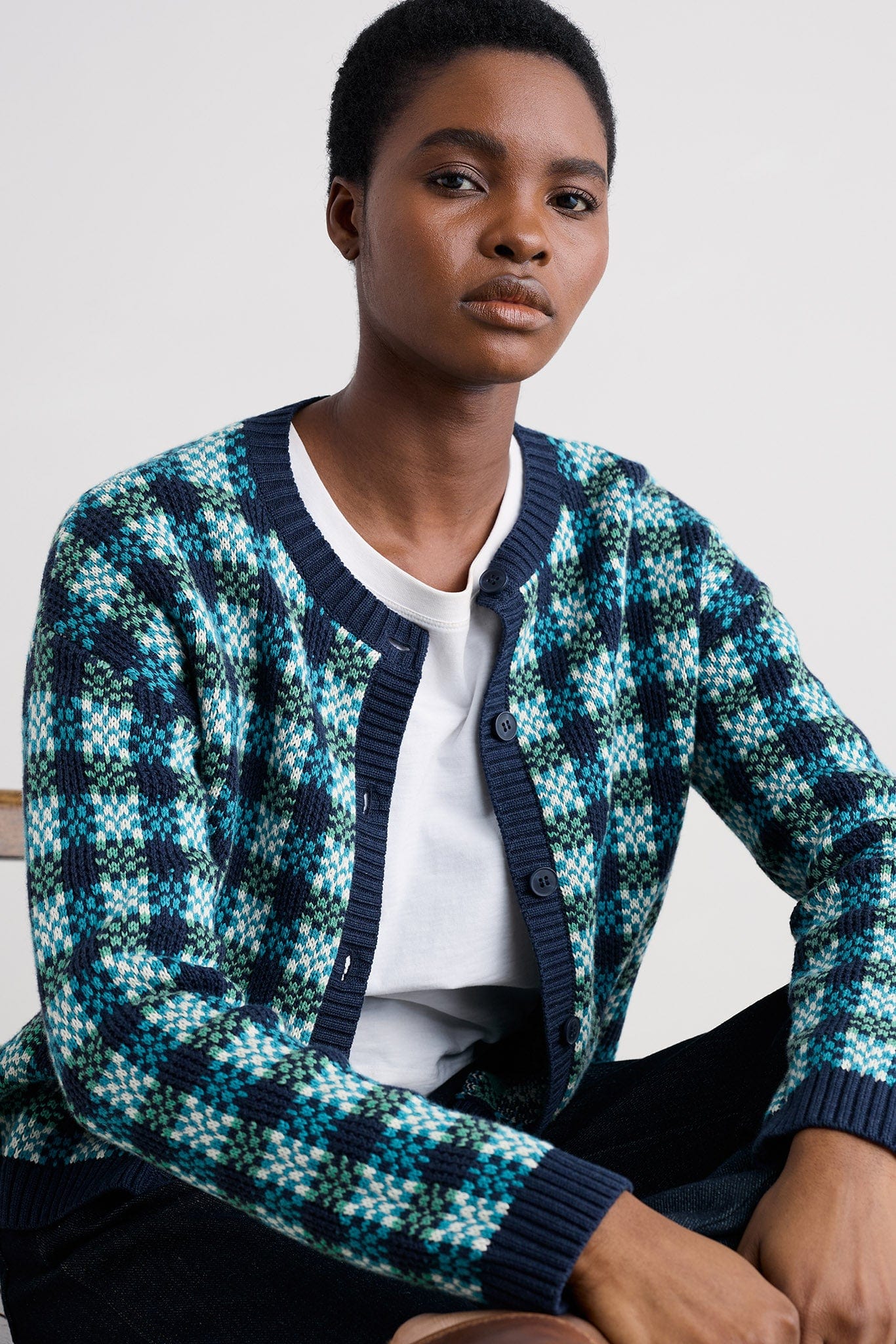 Seasalt Kensa Organic Cotton Checked Cardigan - Circlet Maritime Emulsion